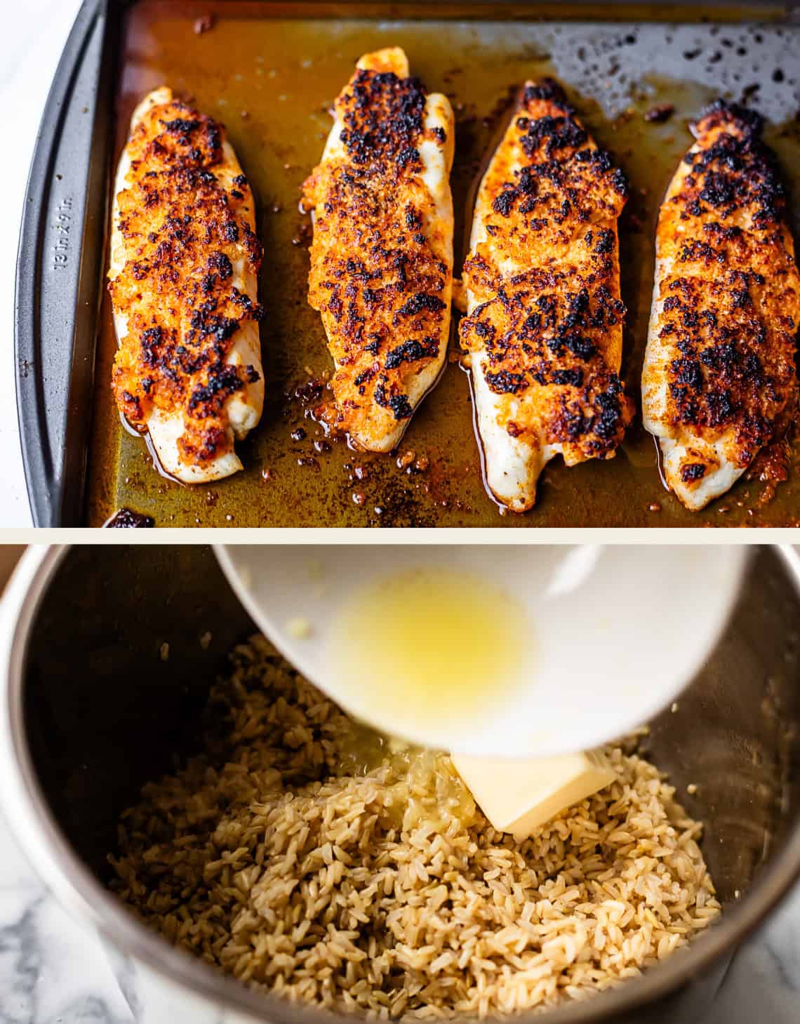 Top image: Four seasoned, cooked chicken breasts on a baking tray. Bottom image: A bowl of melted butter being poured onto cooked brown rice in a pot.