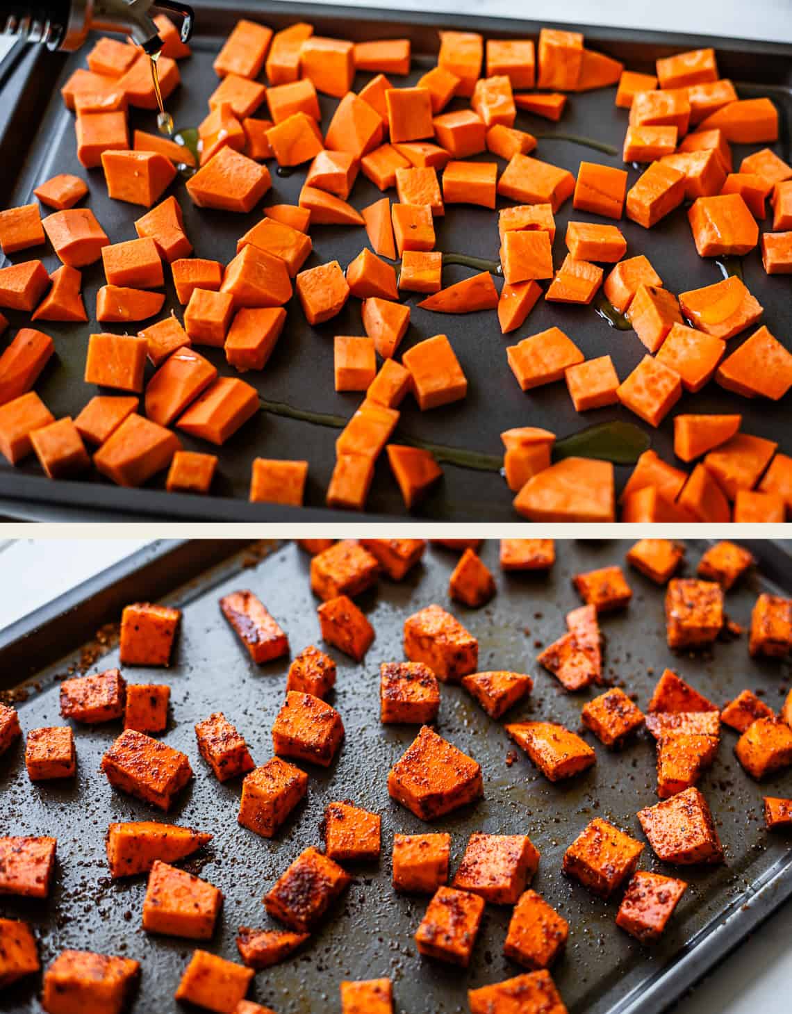 Two images show sweet potato cubes on a baking sheet: the top image shows raw cubes being drizzled with oil, while the bottom image shows the cubes roasted and seasoned, golden and crispy.