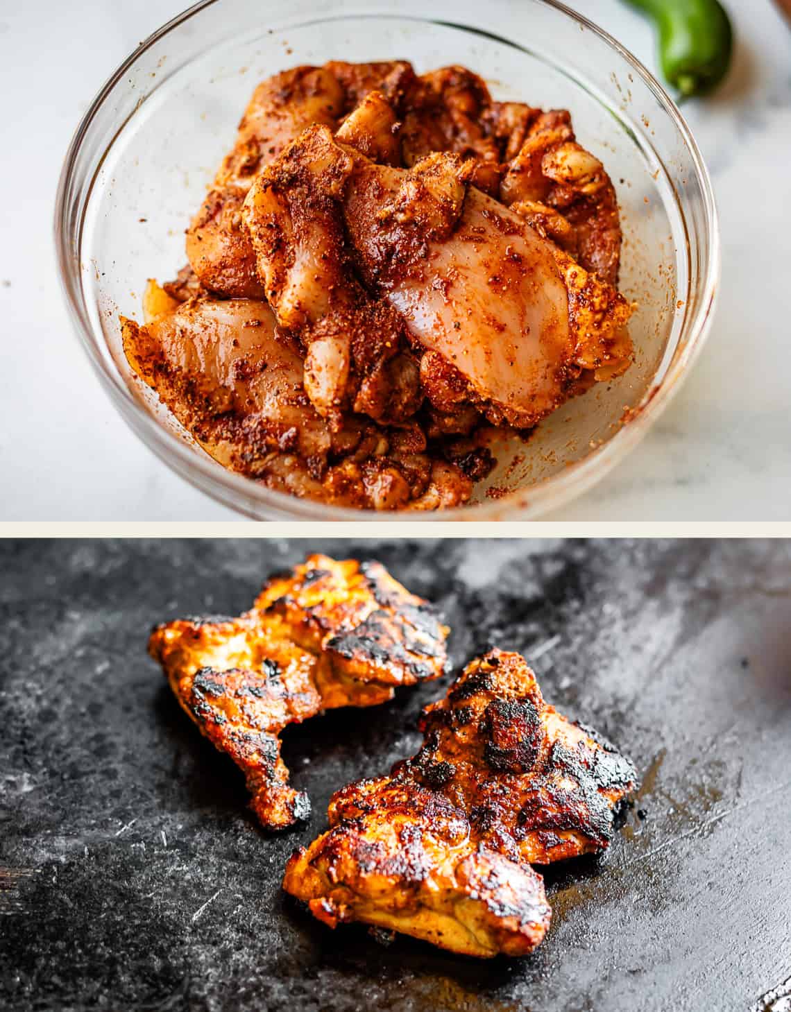 A bowl of raw, seasoned chicken pieces sits on a counter. Below, two pieces of cooked, charred chicken rest on a dark surface, showing a transformation from marinated to grilled.