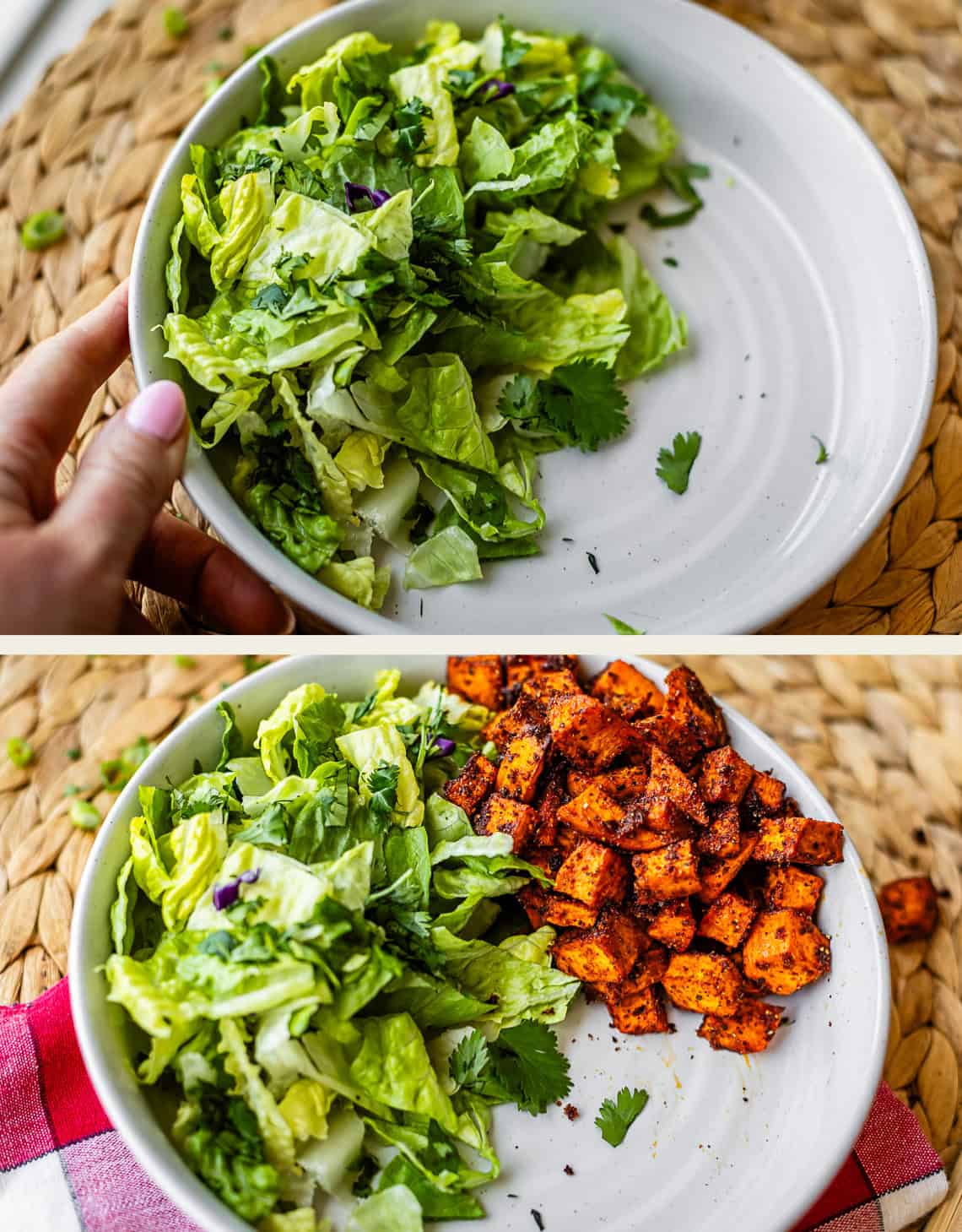 Two images: The top shows a hand holding a bowl of green salad with lettuce and herbs; the bottom shows the same salad in a bowl with roasted, seasoned sweet potato cubes added on one side. Both are on a woven mat.