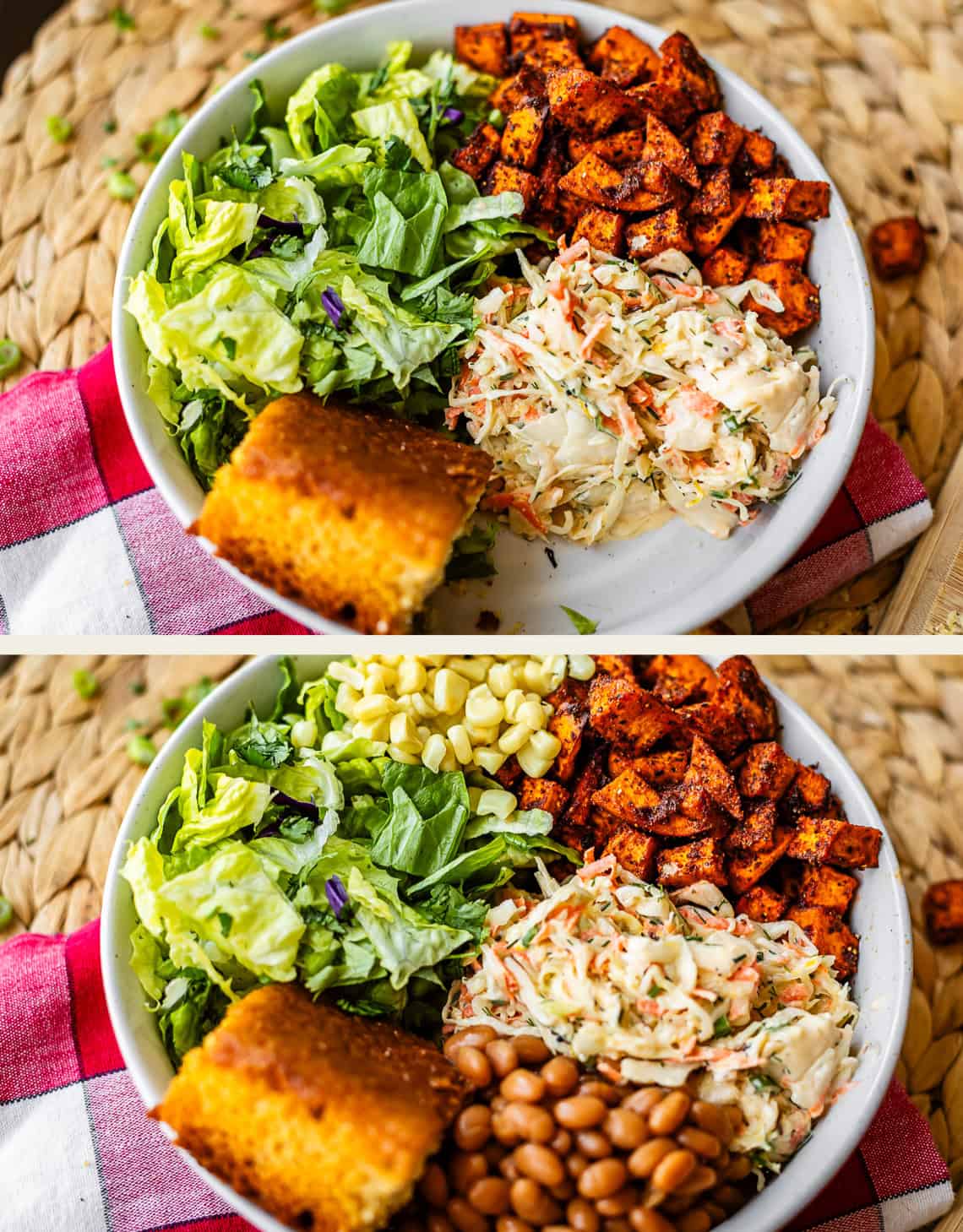 Two white bowls with salads containing lettuce, coleslaw, cornbread, and spiced roasted sweet potatoes. One bowl has corn and beans, the other does not. Bowls are on a woven mat with a red and white napkin underneath.