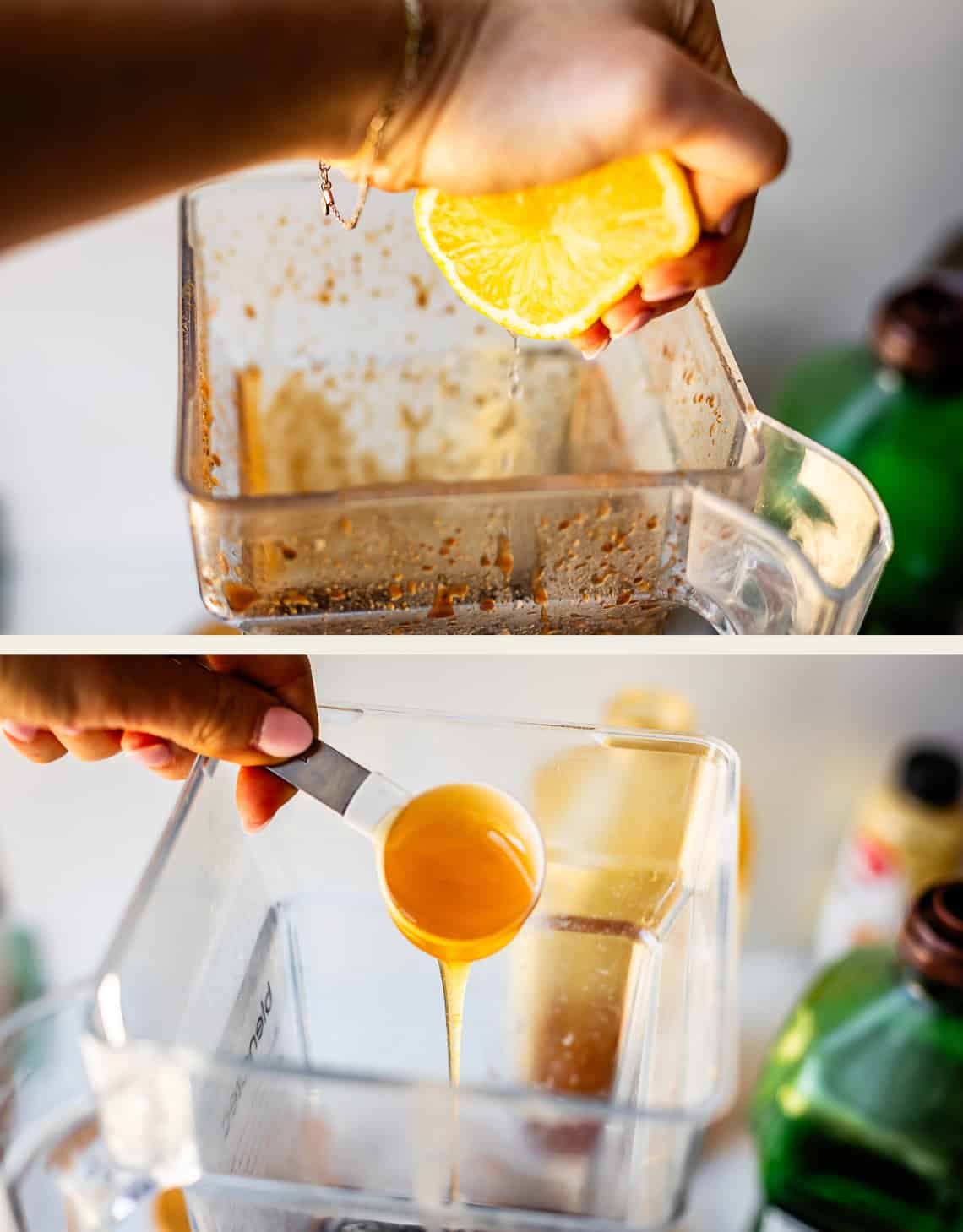 Top: A hand squeezes half a lemon into a blender containing a mixture. Bottom: A hand pours honey from a measuring spoon into the same blender. Bottles and ingredients are visible in the background.