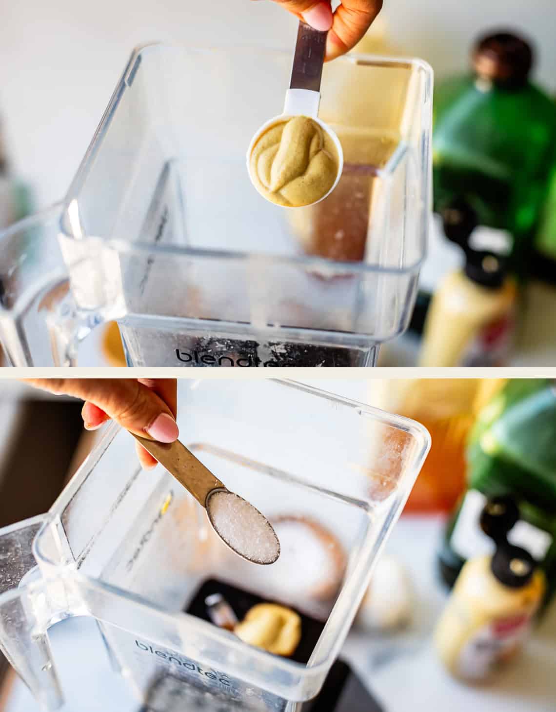 Two images show close-ups of hands adding ingredients to a blender: the top image adds mustard, and the bottom image adds salt. Bottles and a jar are blurred in the background.