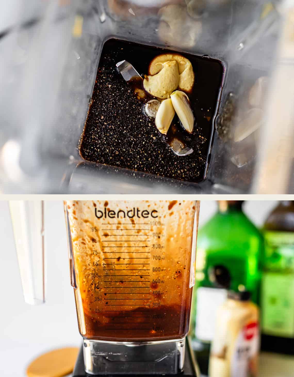 Top: A blender jar filled with soy sauce, garlic cloves, ginger, black pepper, and ice. Bottom: The same blender, now blending a brown sauce, sits on a kitchen counter with bottles in the background.