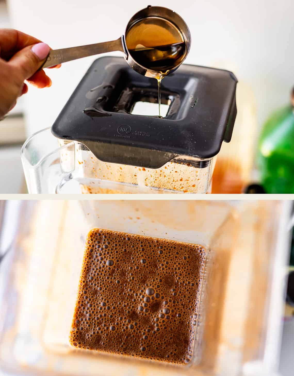A hand pours syrup from a measuring cup into a blender with a dark liquid mixture; below, a top view shows the frothy blended mixture inside the blender.