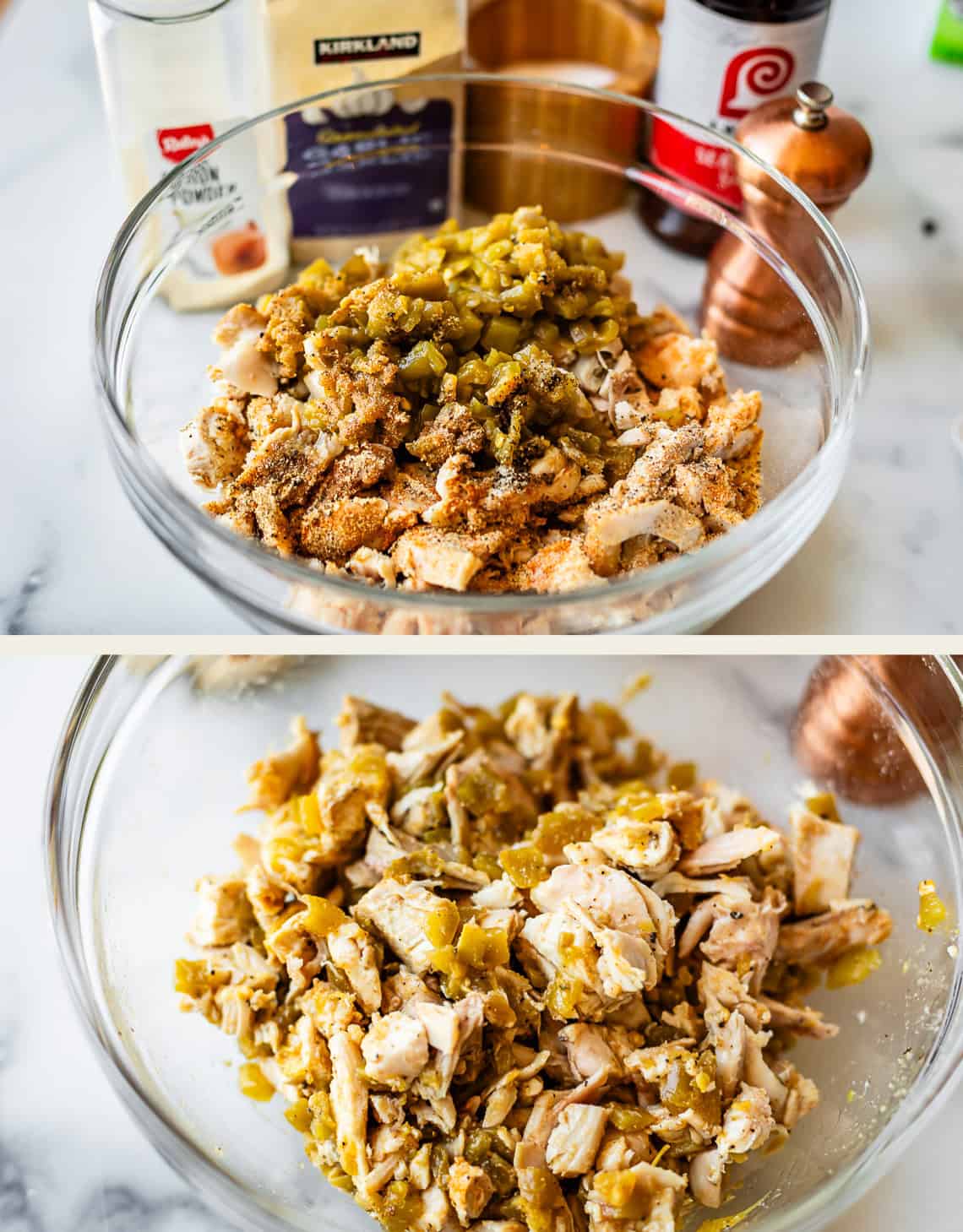 Two images show a glass bowl with chopped cooked chicken, green chiles, and seasonings being mixed together on a white countertop. The first image shows the ingredients before mixing; the second shows them combined.