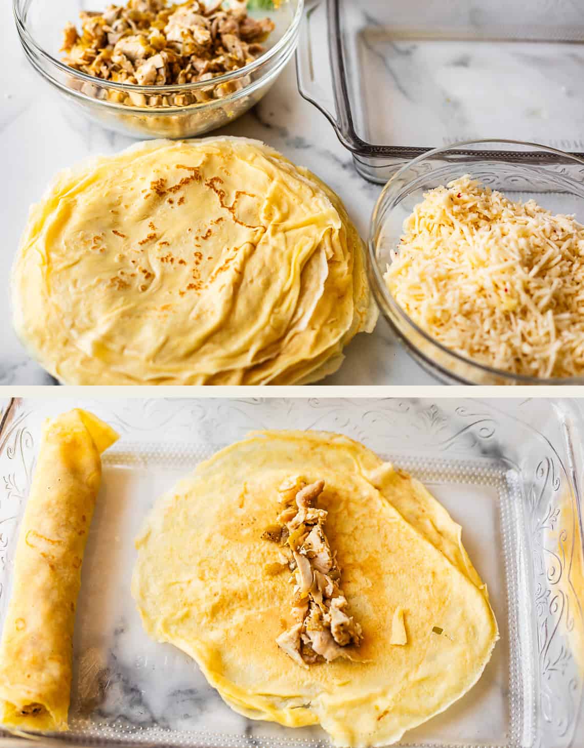 Two images: The top shows a stack of thin crepes, bowls of shredded chicken and cheese, and an empty glass baking dish. The bottom shows a crepe being filled with chicken, with one crepe already rolled and placed in the dish.