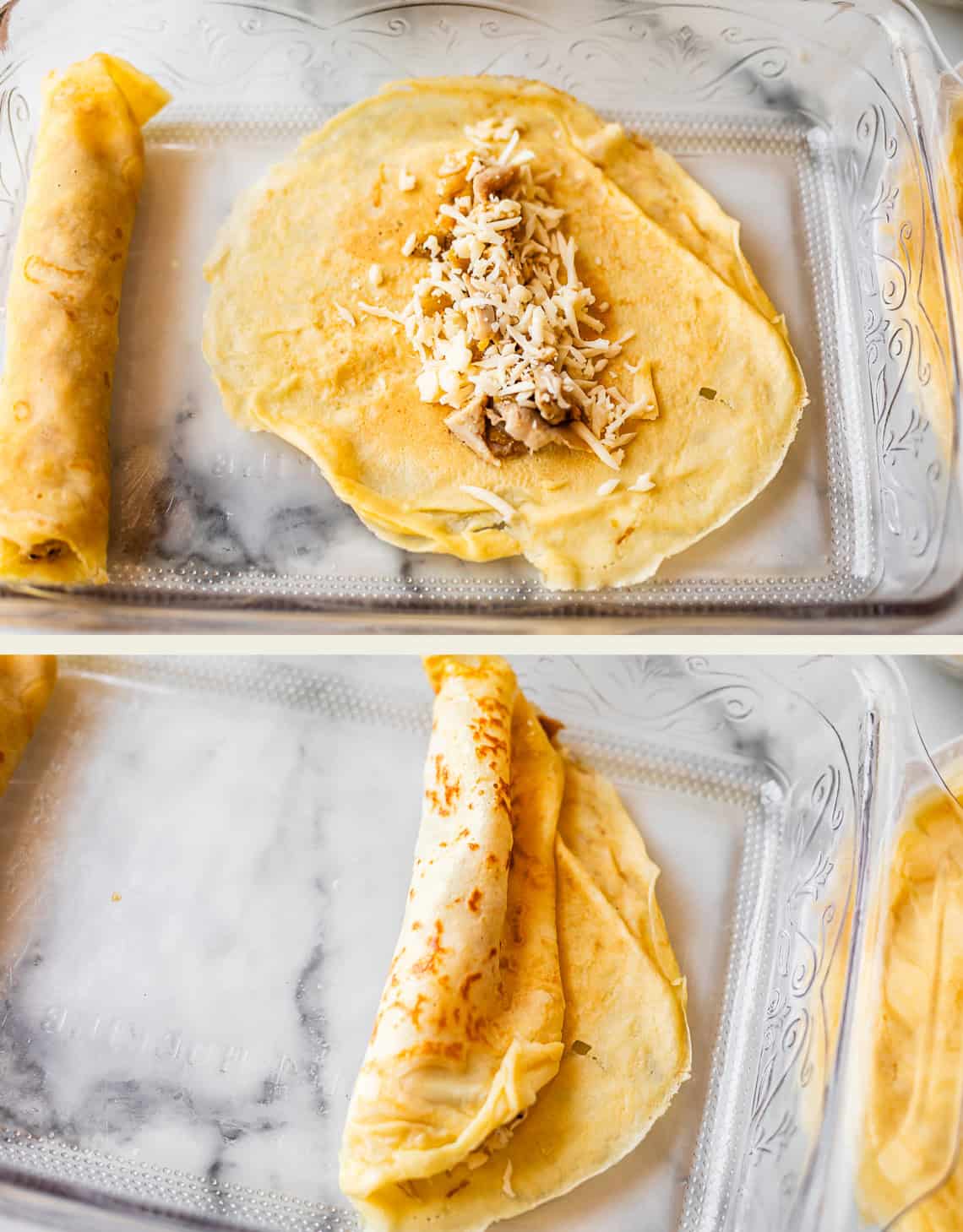 Two close-up images show the process of making crepes: the top image has a crepe filled with shredded cheese and chicken, the bottom image shows the crepe being rolled up in a glass baking dish.