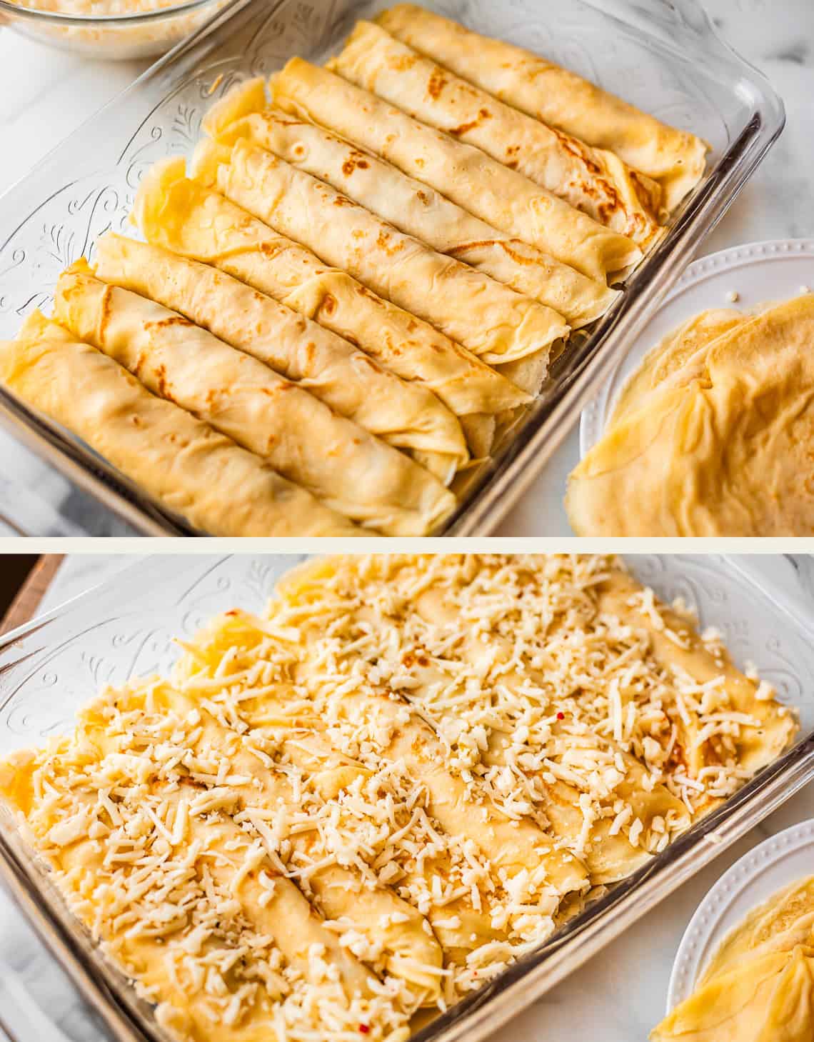 A glass baking dish filled with rolled crepes, shown plain in the top half and topped with shredded cheese and crumbled cheese in the bottom half, ready to be baked.