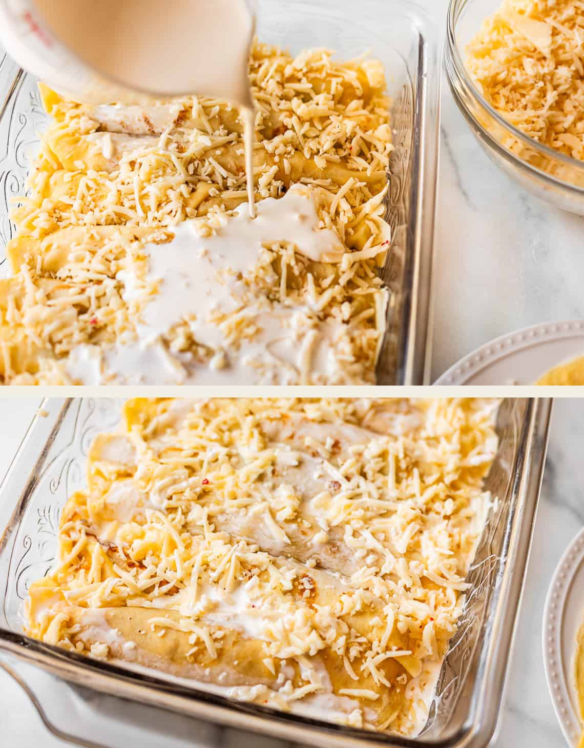 A baking dish filled with rolled enchiladas is shown. In the top image, cream sauce is being poured over shredded cheese on the enchiladas. The bottom image shows the enchiladas covered in cheese and sauce, ready to bake.