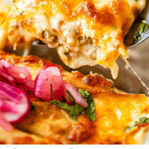 A close-up of cheesy chicken crepe casserole topped with herbs and pickled red onions, with a serving being lifted out. Text at the bottom reads: Chicken Crepe Casserole - The Food Charlatan.