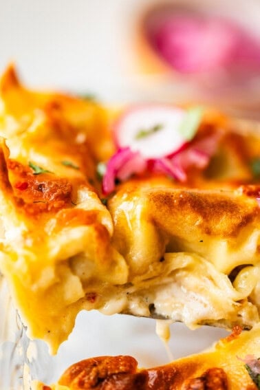 Close-up of a cheesy lasagna slice with golden-brown crust, creamy layers, and topped with sliced red onions and herbs. The lasagna is being lifted from a glass baking dish.
