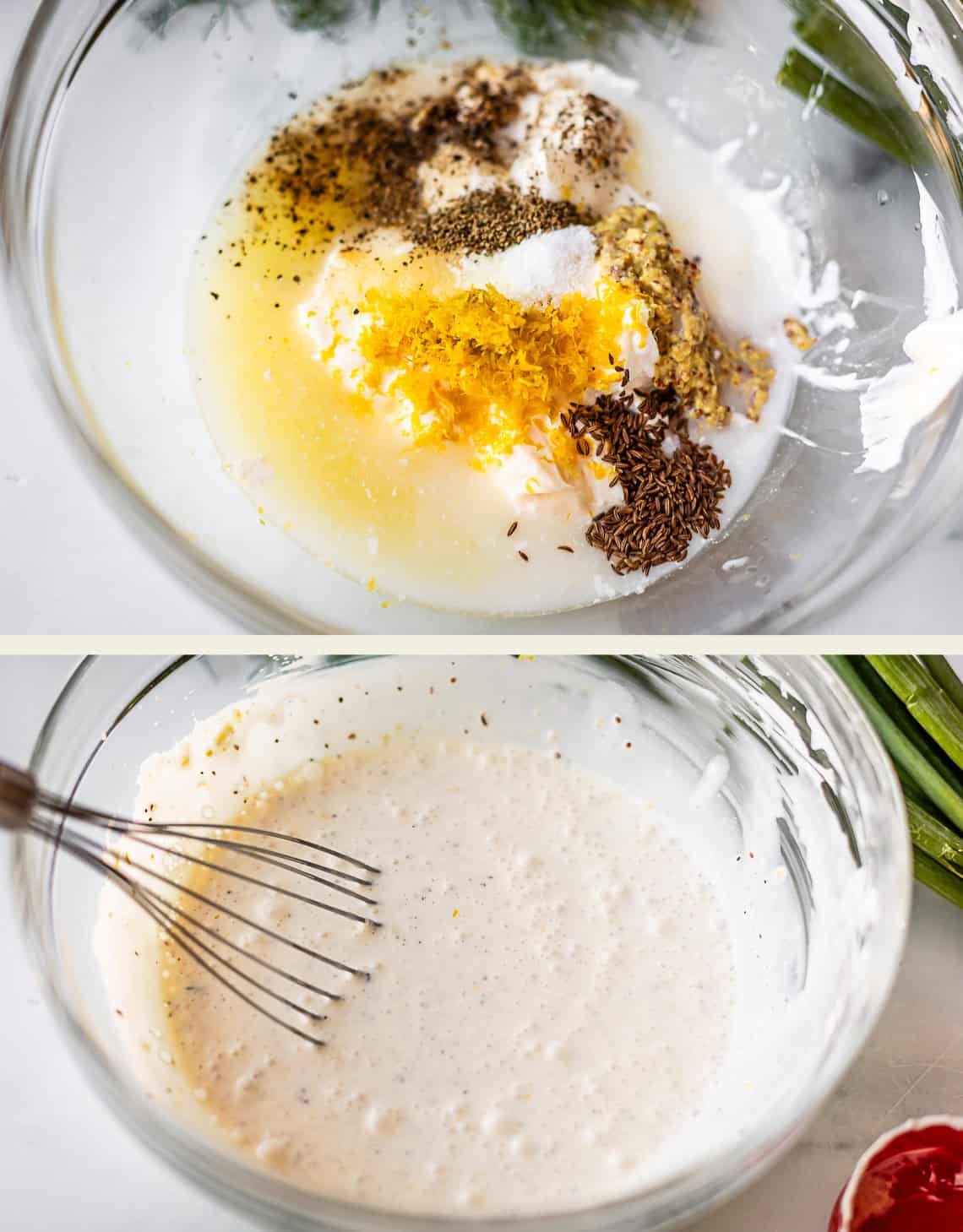 Two images: The top shows a glass bowl with mayonnaise, spices, lemon zest, and seasonings. The bottom shows the same bowl with the mixture whisked into a smooth, creamy dressing. A whisk and some green herbs are nearby.