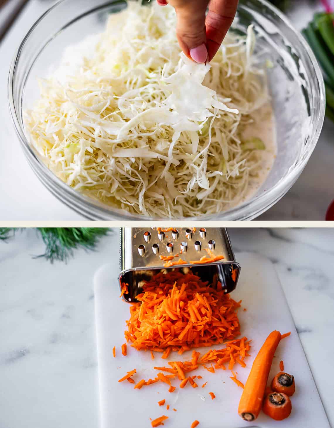 A hand holds a piece of shredded cabbage over a bowl of coleslaw mix in the top image; in the bottom image, shredded carrots and a box grater sit on a white cutting board with a partially peeled carrot nearby.