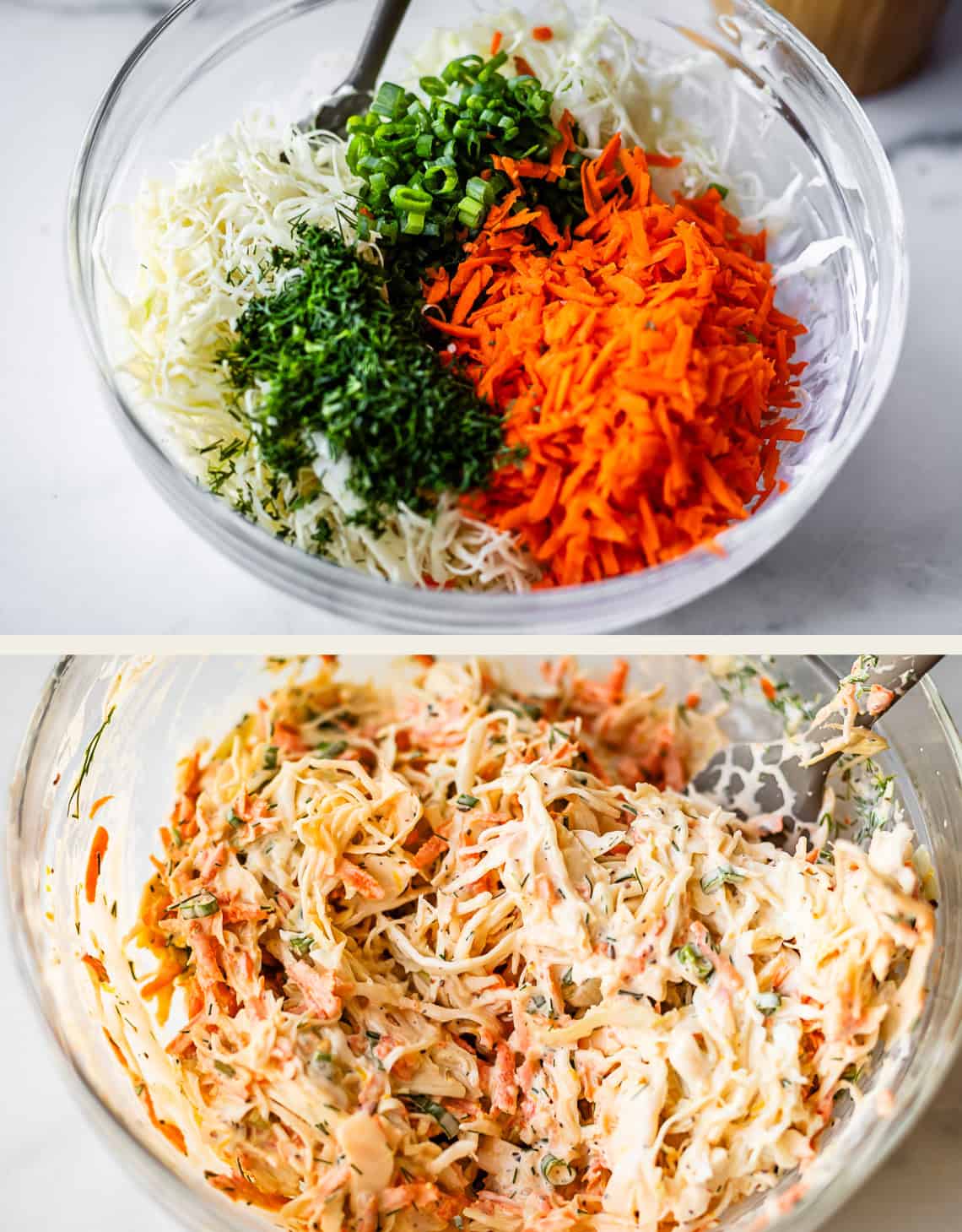 Top: A bowl with shredded cabbage, carrots, green onions, and herbs. Bottom: The same ingredients mixed together with creamy dressing to make coleslaw.