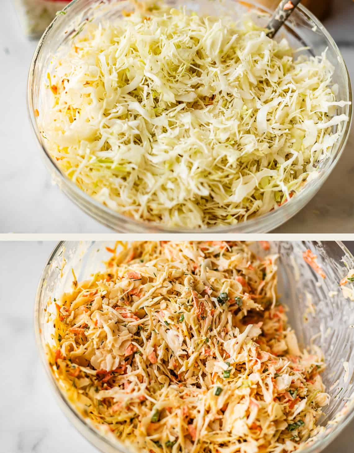 Two glass bowls of coleslaw: the top bowl contains plain shredded cabbage, while the bottom bowl shows the cabbage mixed with dressing, carrots, and chopped herbs.
