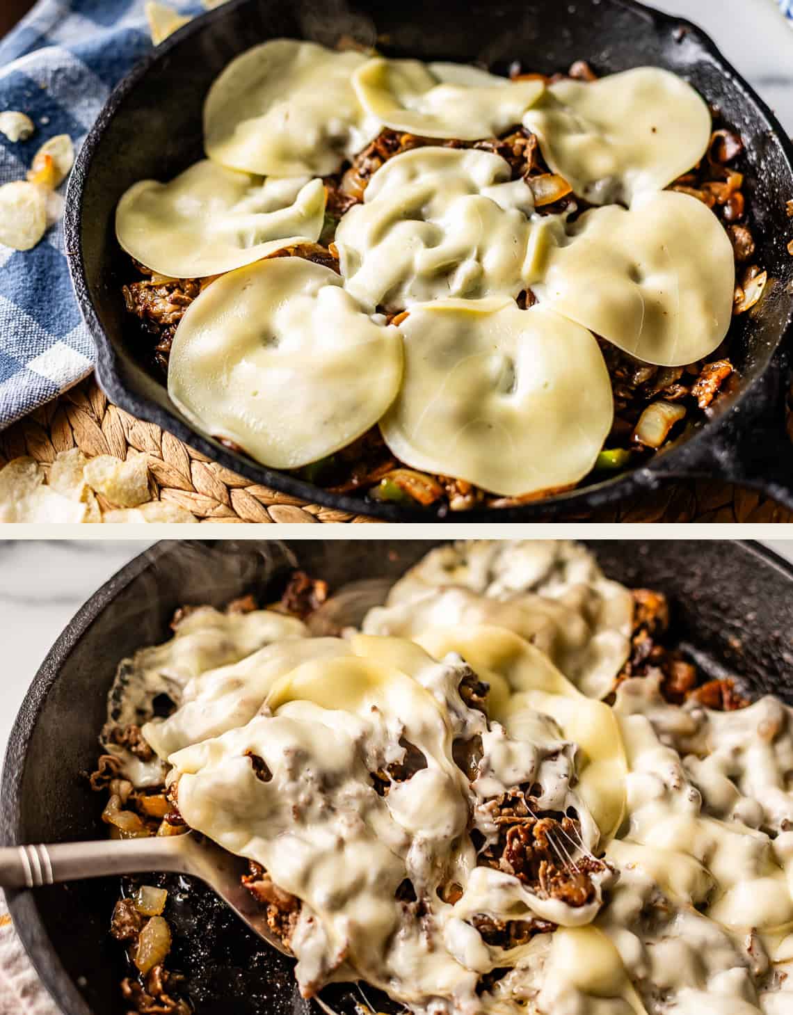 A cast iron skillet with cooked beef, onions, and peppers, topped with melted provolone cheese. In the second image, a serving is being scooped out with a spatula, showing the cheesy, gooey texture.