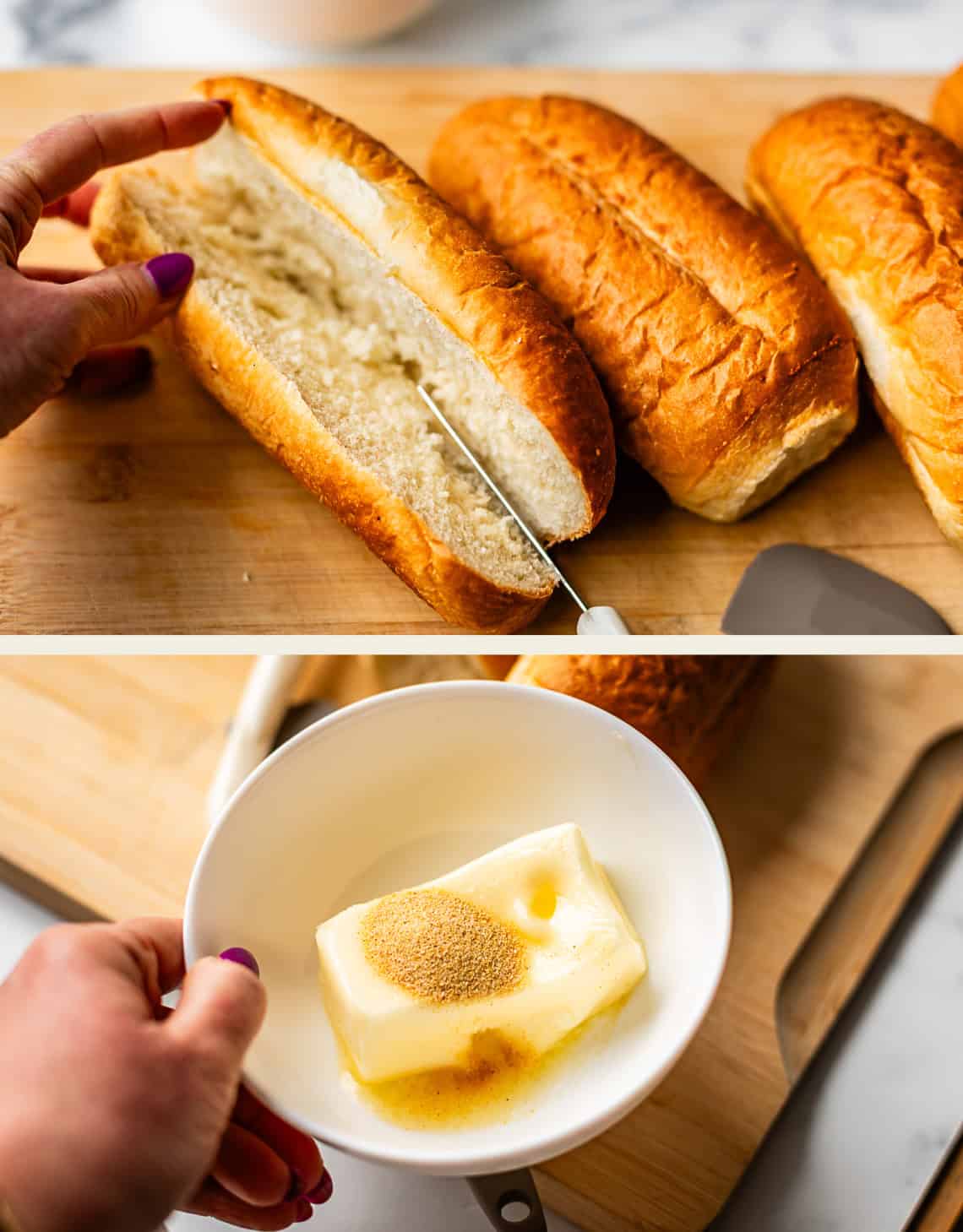 Top: A hand slices open a hoagie roll on a wooden cutting board with more rolls beside it. Bottom: A hand holds a bowl with butter, garlic powder, and seasoning.