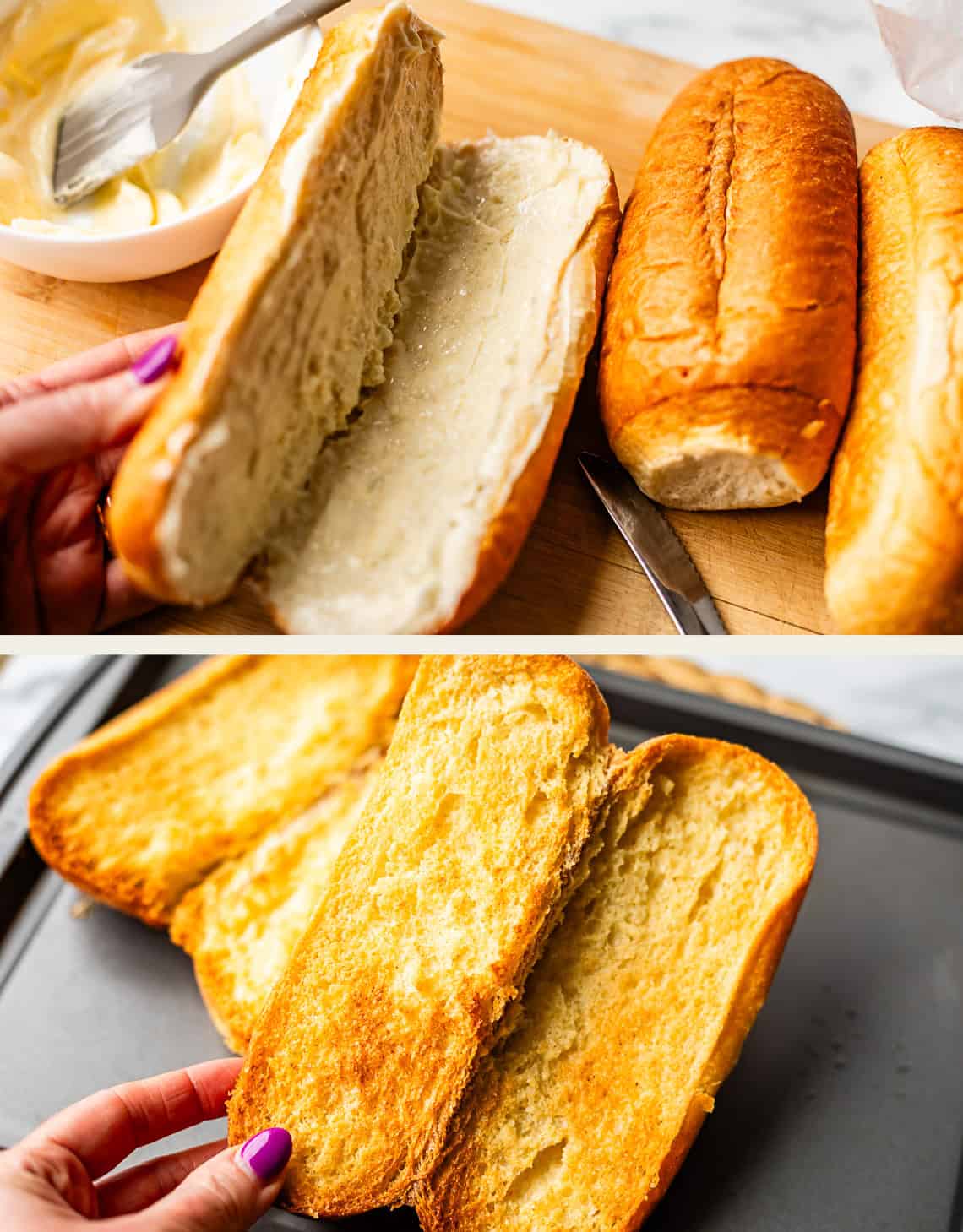 Two images: The top shows hands spreading butter on split sandwich rolls; the bottom shows the same rolls toasted to golden brown on a baking tray. A bowl of butter and a knife are on the side.
