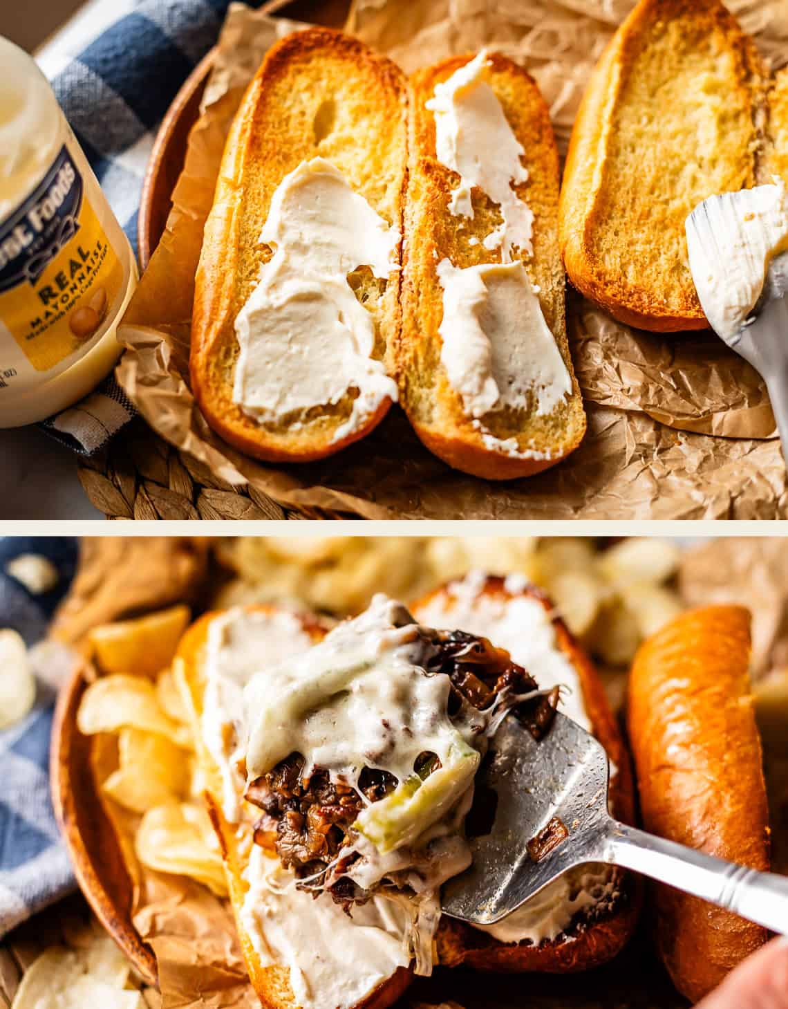 Top: Toasted sandwich rolls spread with mayonnaise on parchment paper. Bottom: A spatula lifting a sandwich filled with shredded beef, melted cheese, and mayonnaise, with potato chips in the background.