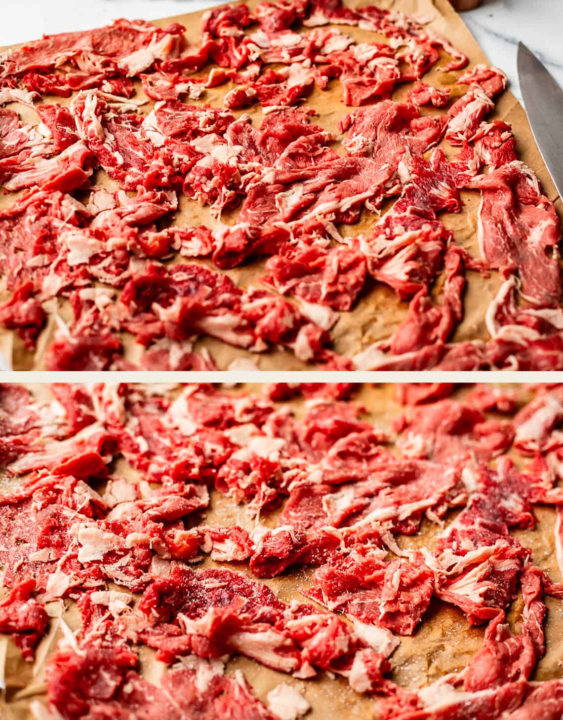 Two close-up images of thinly sliced raw beef spread out on parchment paper, ready for cooking, with a metal knife visible on the right in the top image.