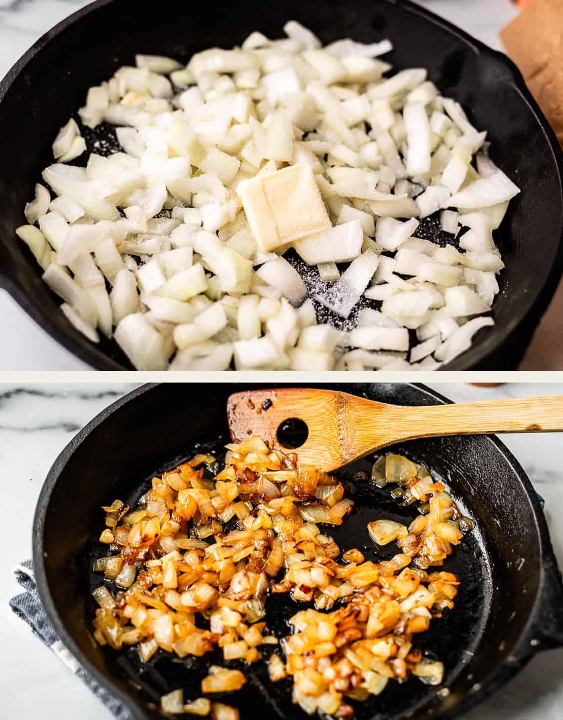 Two images: Top&mdash;chopped onions, a pat of butter, and salt in a black skillet. Bottom&mdash;onions browned and caramelized in the same skillet, with a wooden spoon resting on the edge.