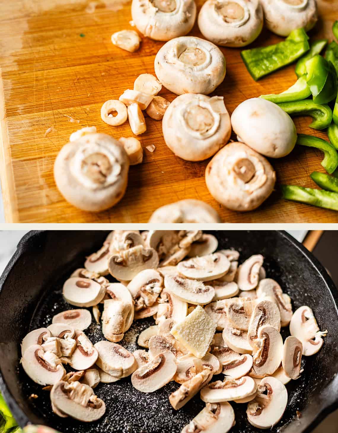 Top: Whole mushrooms, garlic cloves, and green bell pepper slices on a wooden cutting board. Bottom: Sliced mushrooms cooking in a black skillet with a pat of butter.