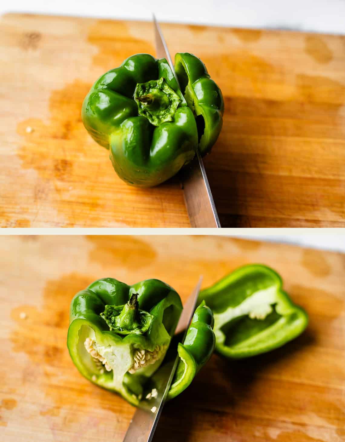 Two images show a green bell pepper on a wooden cutting board being sliced in half with a large knife. The top image shows the initial cut, and the bottom image shows the pepper nearly split open.