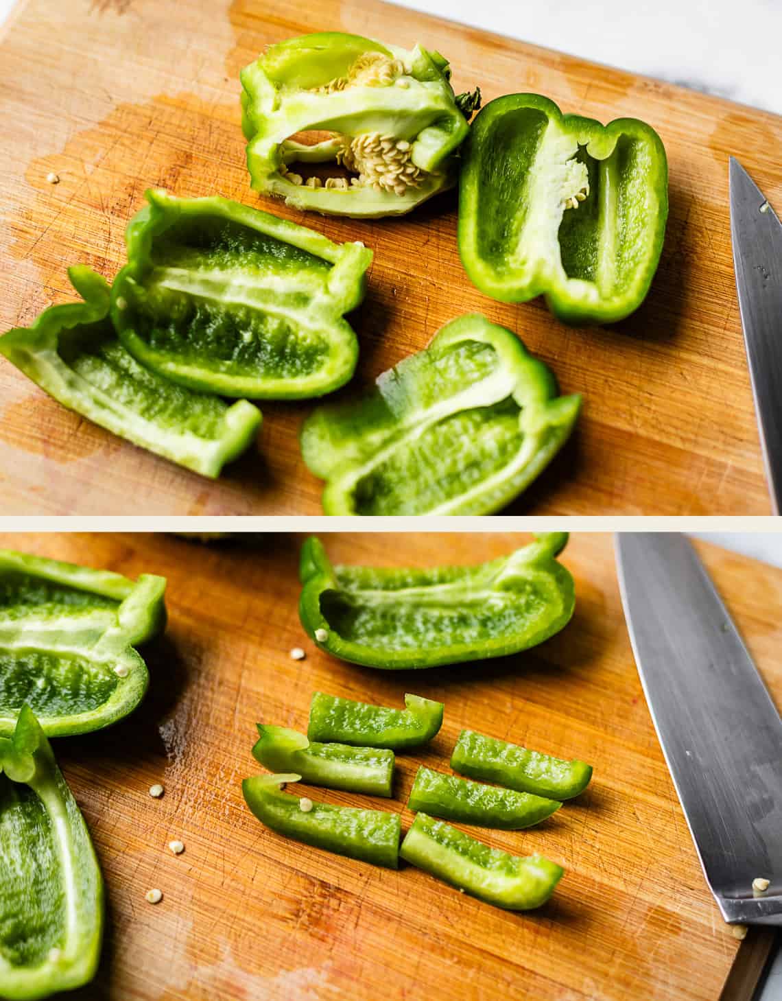 Two images show a green bell pepper being sliced on a wooden cutting board. The top image has the pepper halved with seeds visible. The bottom image shows the pepper cut into strips, with a knife lying beside the pieces.