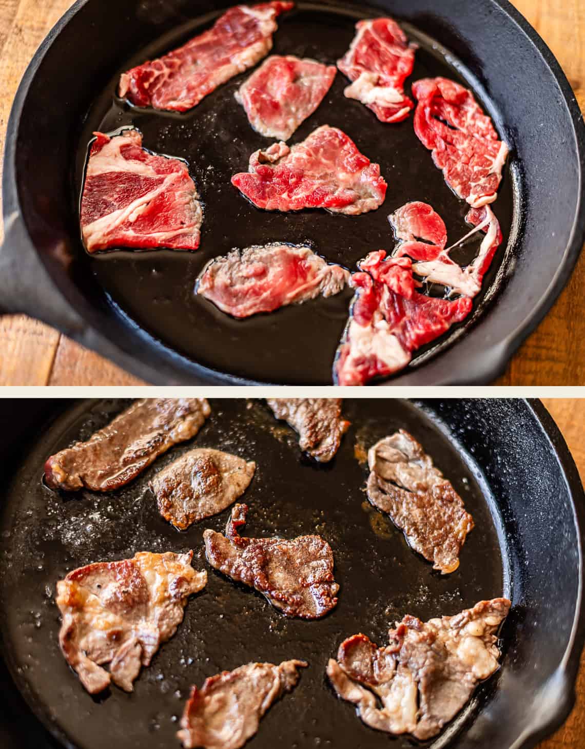 Two images show a black cast iron skillet: the top with raw beef slices, the bottom with the same slices cooked and browned, all on a wooden surface.