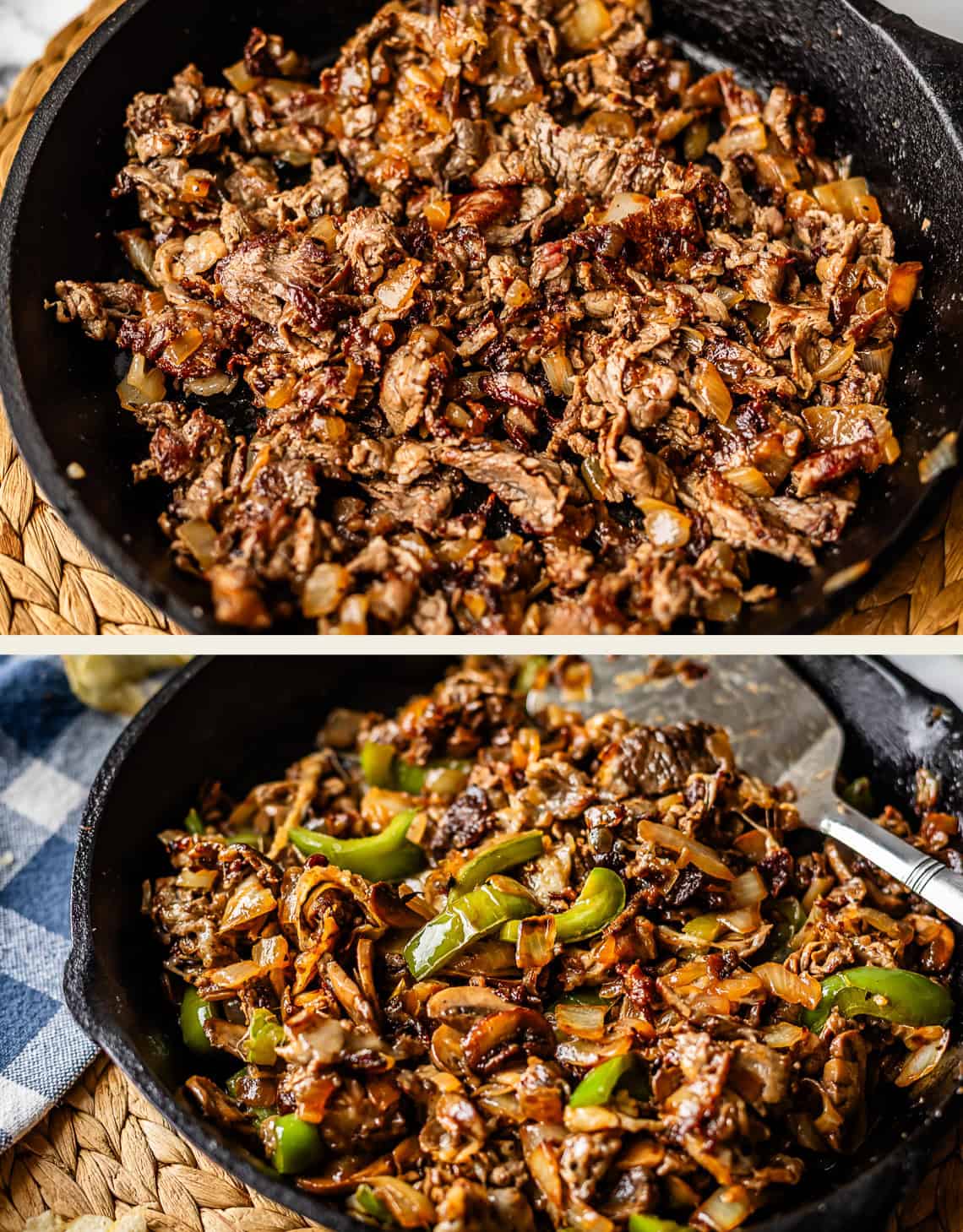 Two images show a cast iron skillet filled with cooked, shredded beef and saut&eacute;ed onions. In the second image, sliced green bell peppers and more vegetables have been added and mixed into the beef.