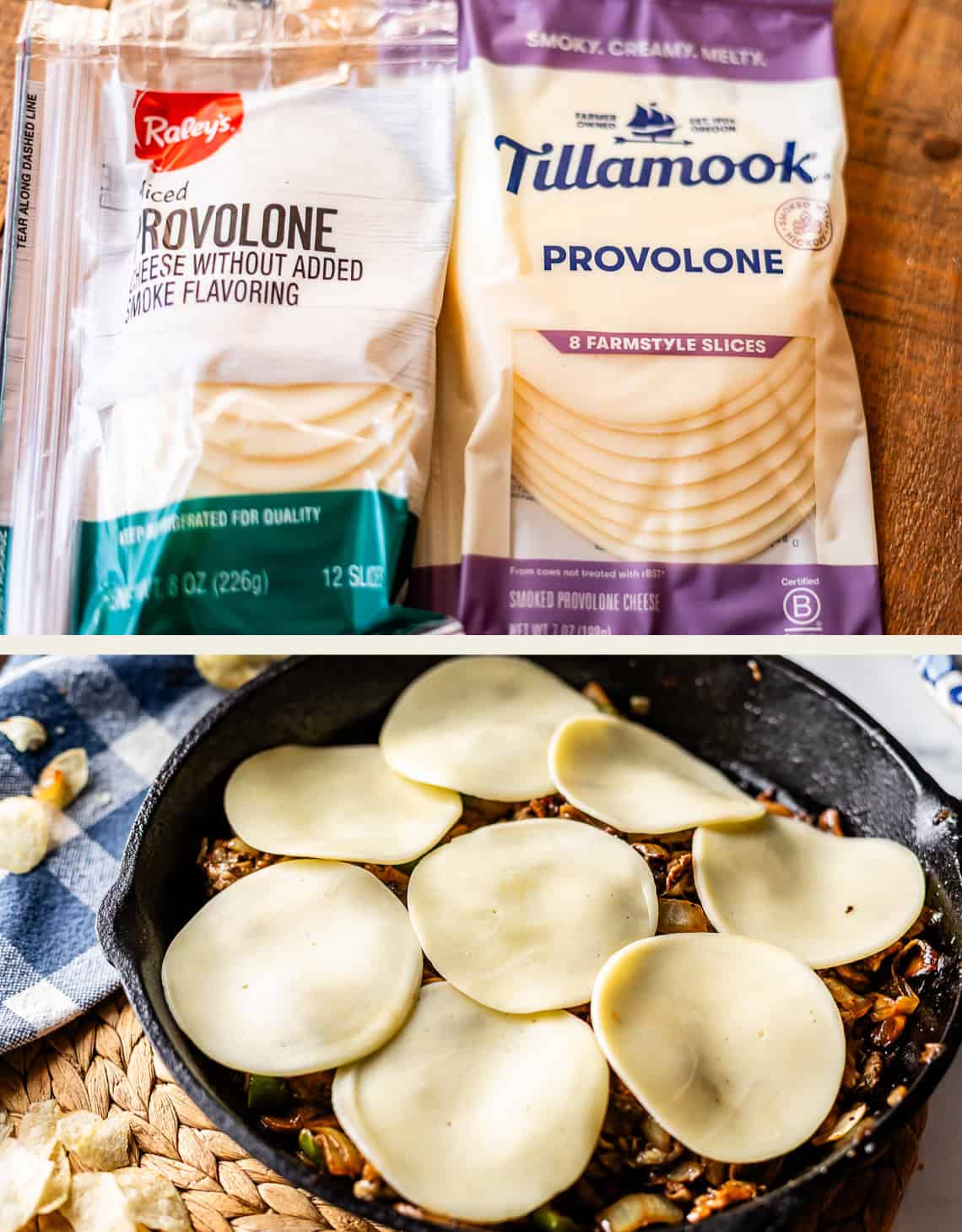 Two packages of provolone cheese slices, one from Raley&rsquo;s and one from Tillamook, are shown above a skillet filled with food topped with several provolone cheese slices.