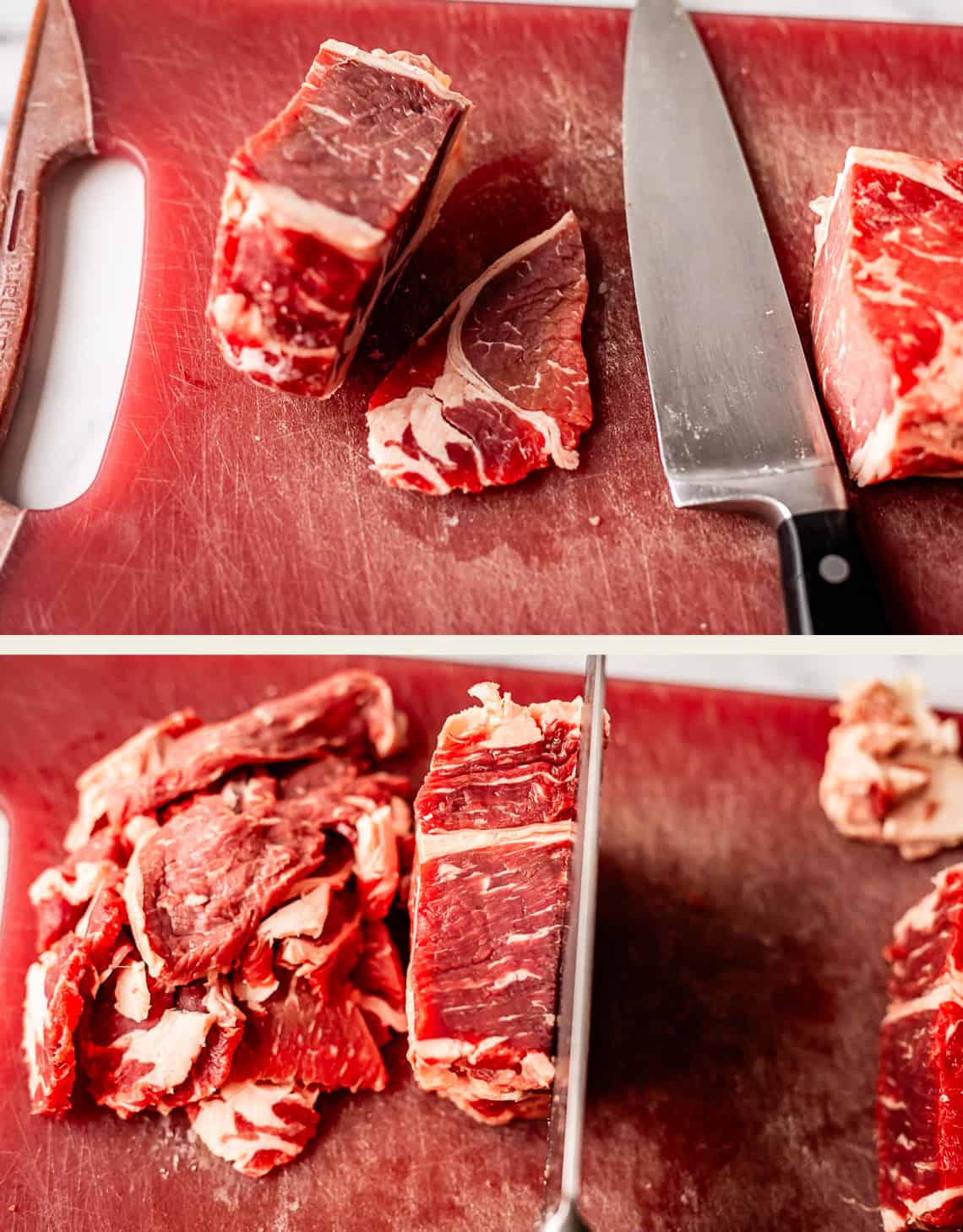 Two images show raw beef being sliced on a red cutting board with a large knife. The first image displays thick beef pieces, while the second shows the knife cutting thin slices from a beef block with the sliced meat piled beside it.