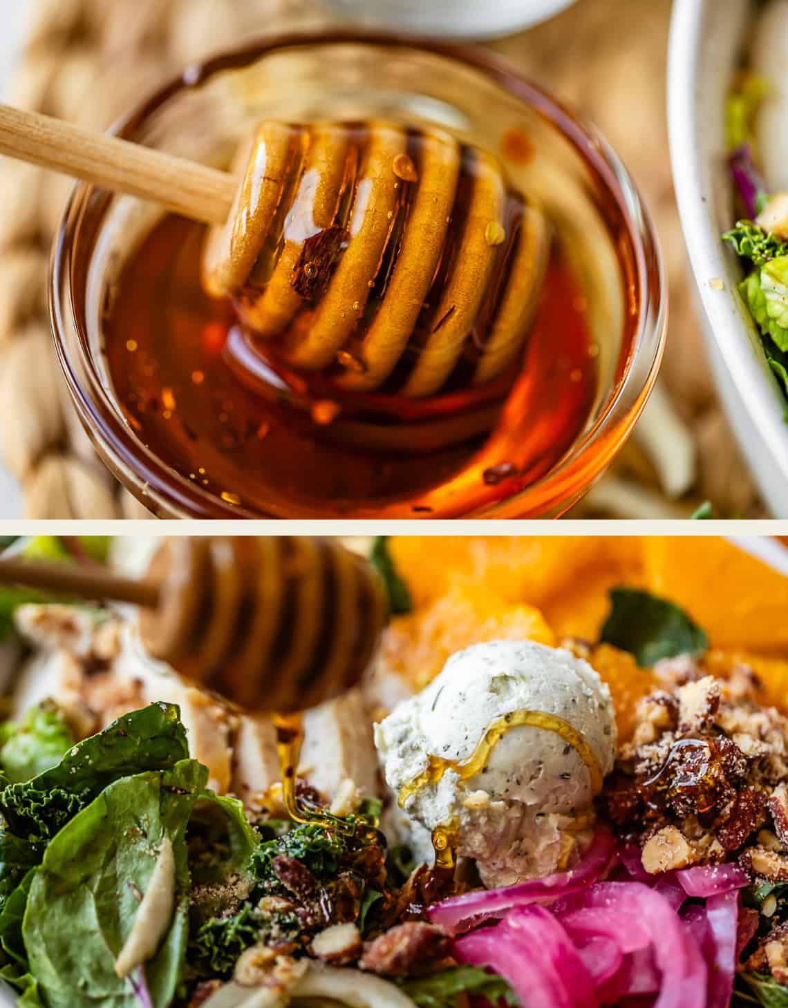 A honey dipper drizzles honey from a glass bowl onto a fresh salad topped with cheese, greens, nuts, and pickled onions.