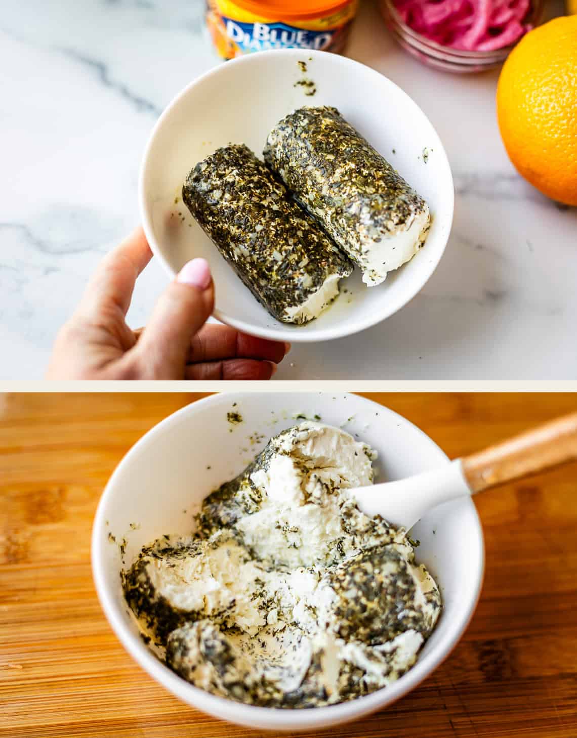 Two images: Top—hand holding a bowl with two rolls of herb-coated goat cheese. Bottom—herb-coated goat cheese being mixed with a spatula in the same bowl on a wooden surface.