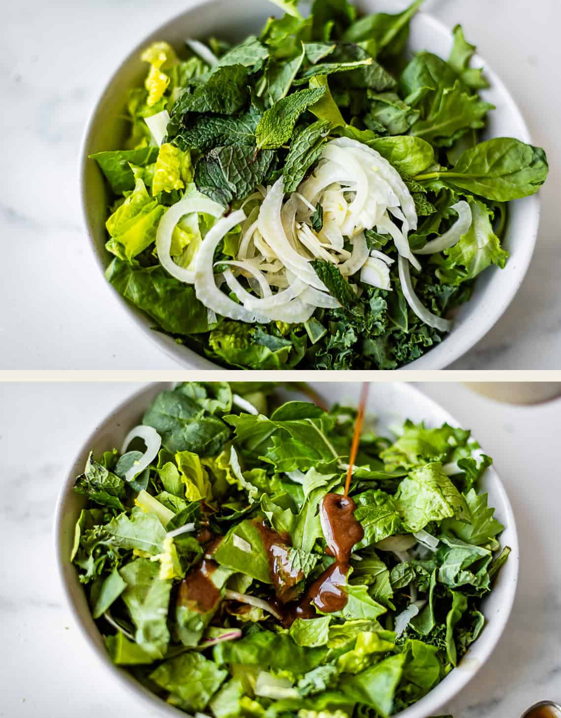 Two images of a green salad in a white bowl: the first with sliced onions and mint leaves on top, the second with brown salad dressing being poured over the greens.