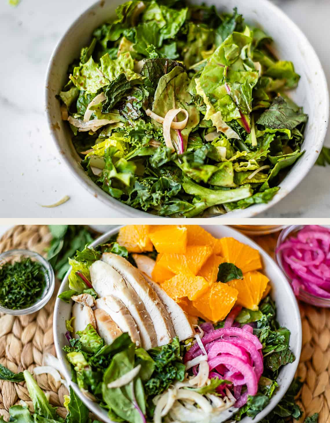 Top: A bowl of mixed green salad. Bottom: A salad bowl with greens, sliced grilled chicken, orange segments, pickled onions, and herbs, arranged on a woven placemat.