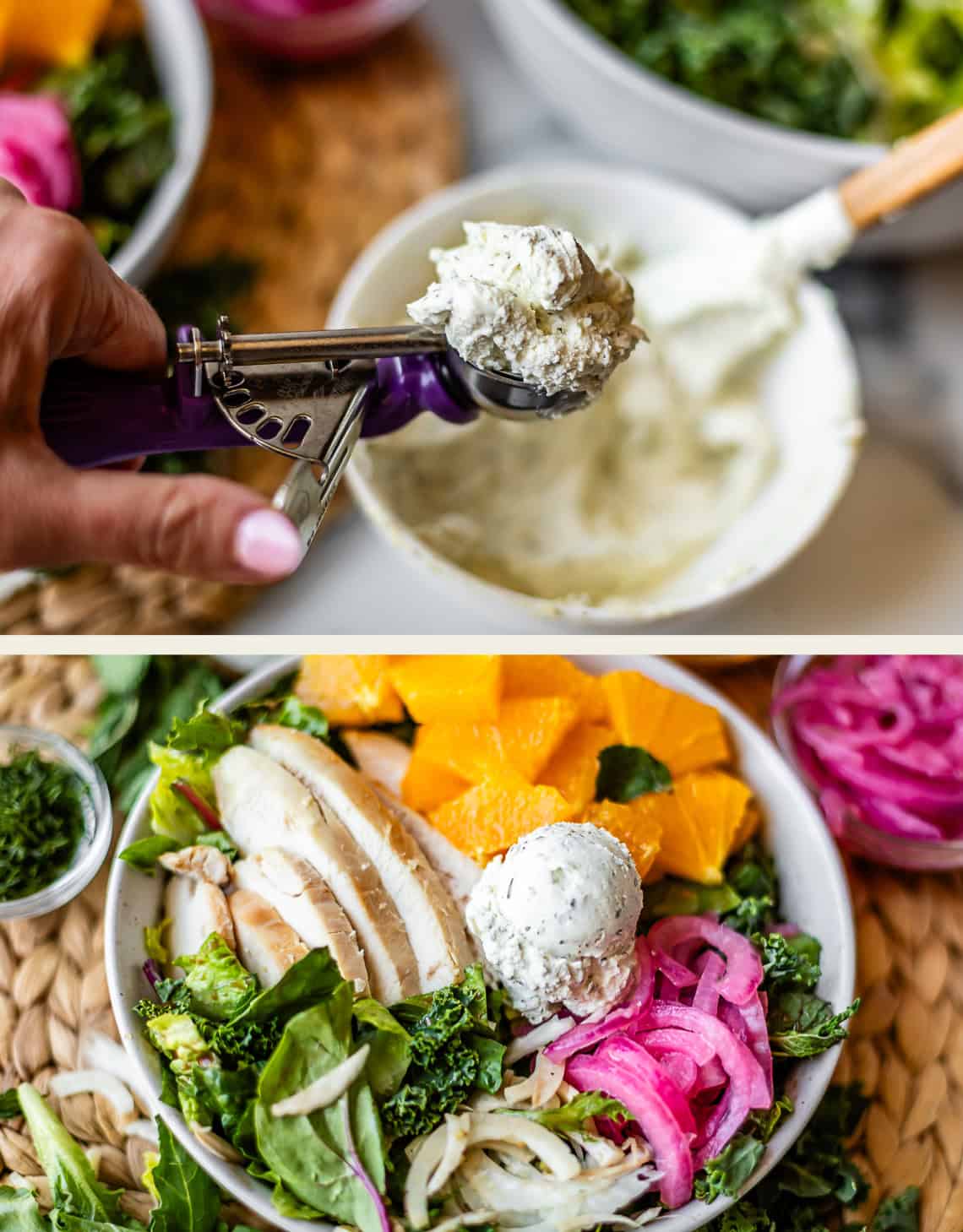 A hand scoops herbed cheese in the top image. The bottom image shows a salad with greens, orange slices, chicken, pickled onions, and a scoop of herbed cheese in a white bowl.