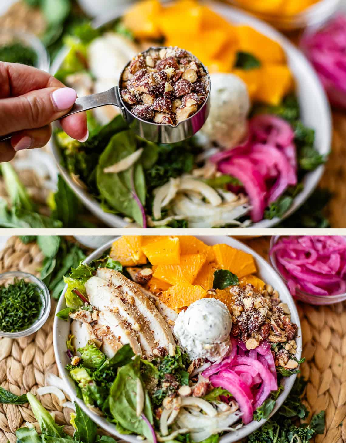 Two bowls of salad with greens, sliced chicken, orange chunks, pickled onions, and a scoop of cheese; chopped nuts are being sprinkled on top in the first image. The colorful ingredients are neatly arranged.