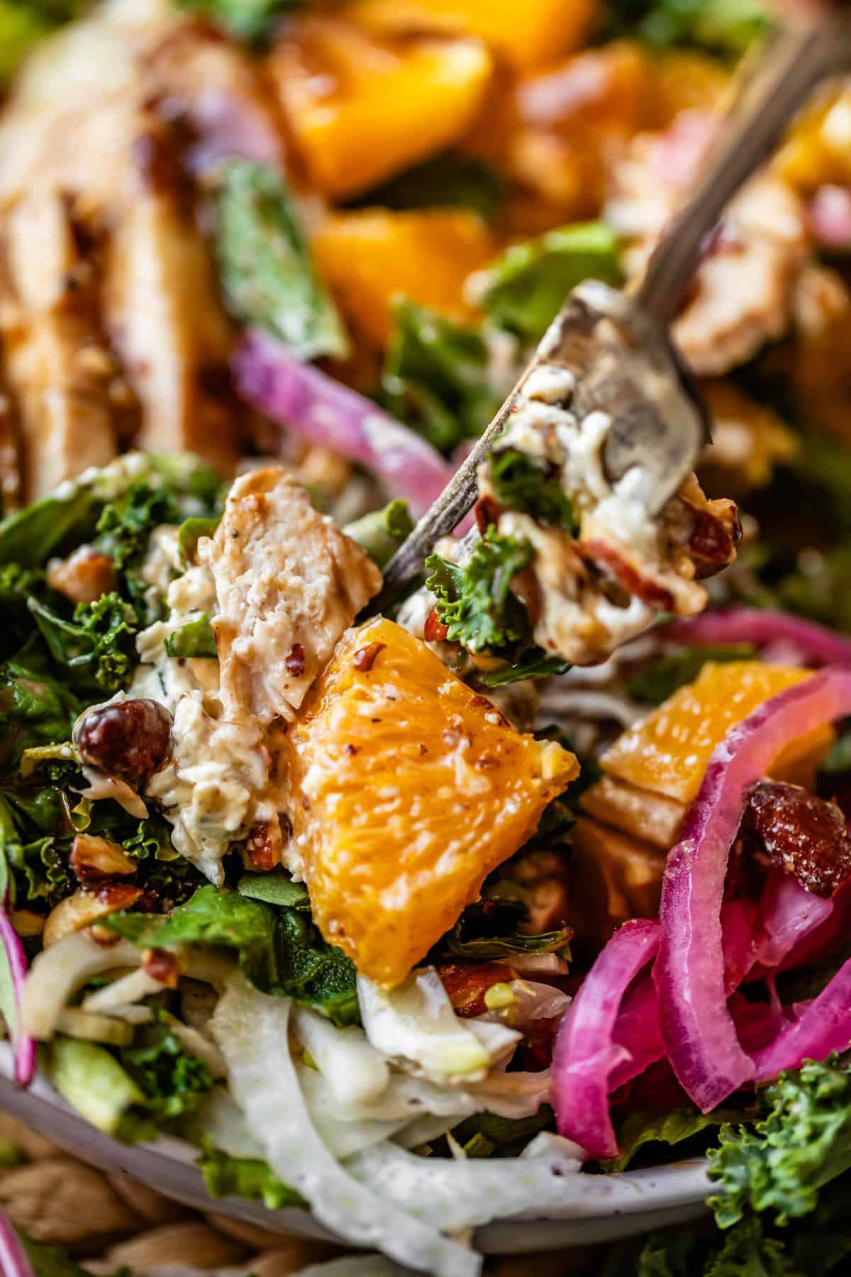 A close-up of a fork holding a bite of salad with grilled chicken, orange slices, kale, pickled red onions, and creamy dressing. Other salad ingredients are visible in the background.