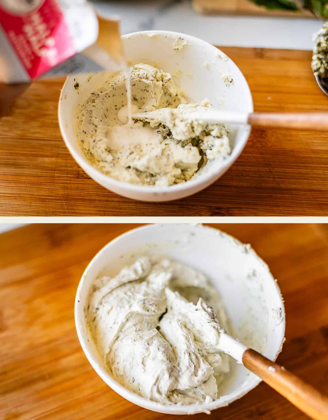 Two images: The first shows cream being poured into a bowl of herbed mixture with a spatula. The second shows the mixture after being blended, now smooth and creamy, with the same spatula resting in the bowl.