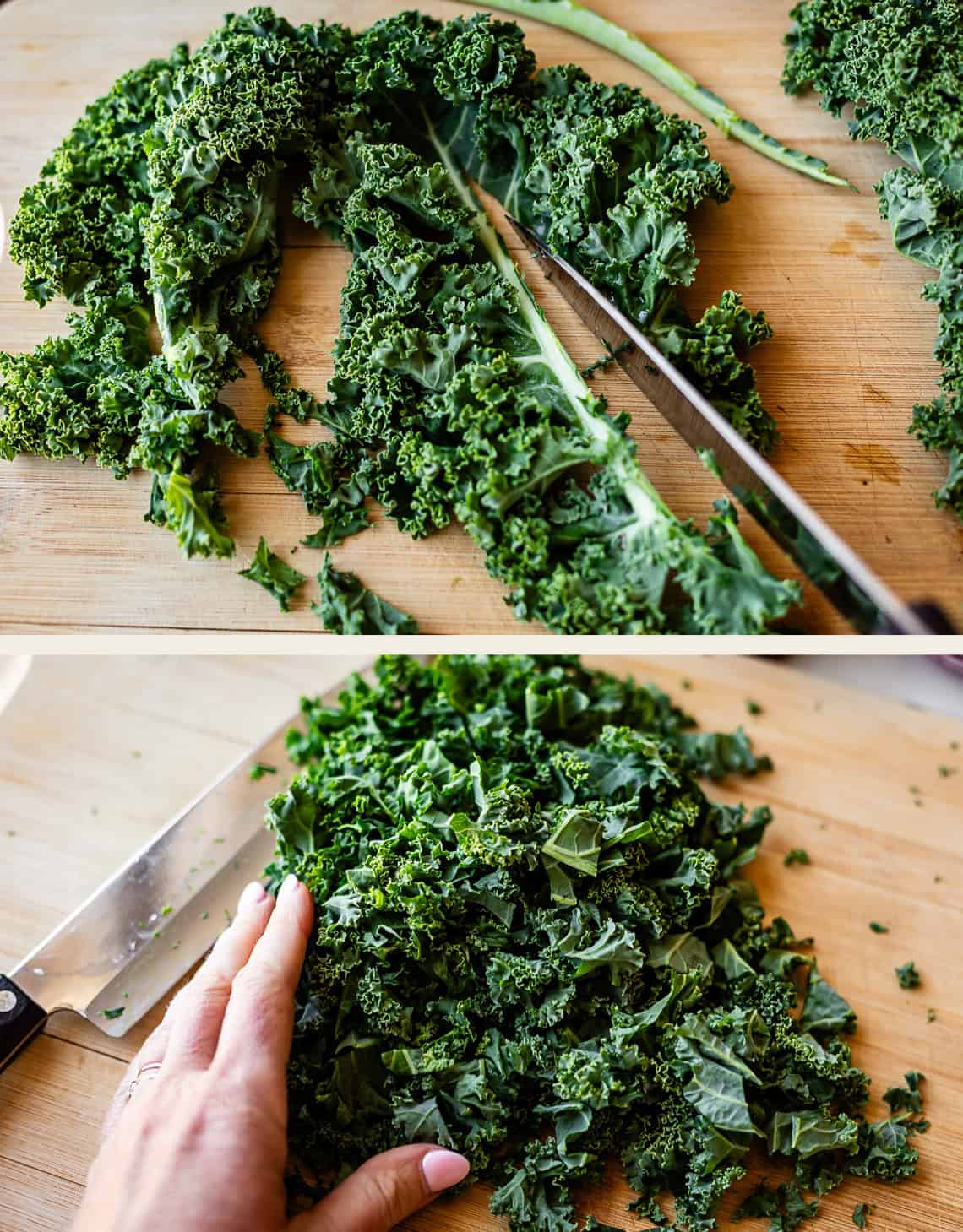 Two photos: the top shows kale being sliced on a wooden cutting board; the bottom shows a hand holding a pile of freshly chopped kale next to a large knife.