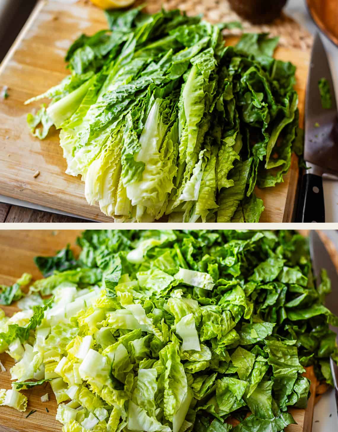 Two images of chopped romaine lettuce on a wooden cutting board. The top image shows larger pieces, while the bottom image shows lettuce chopped into smaller pieces. A knife is partially visible on the right.
