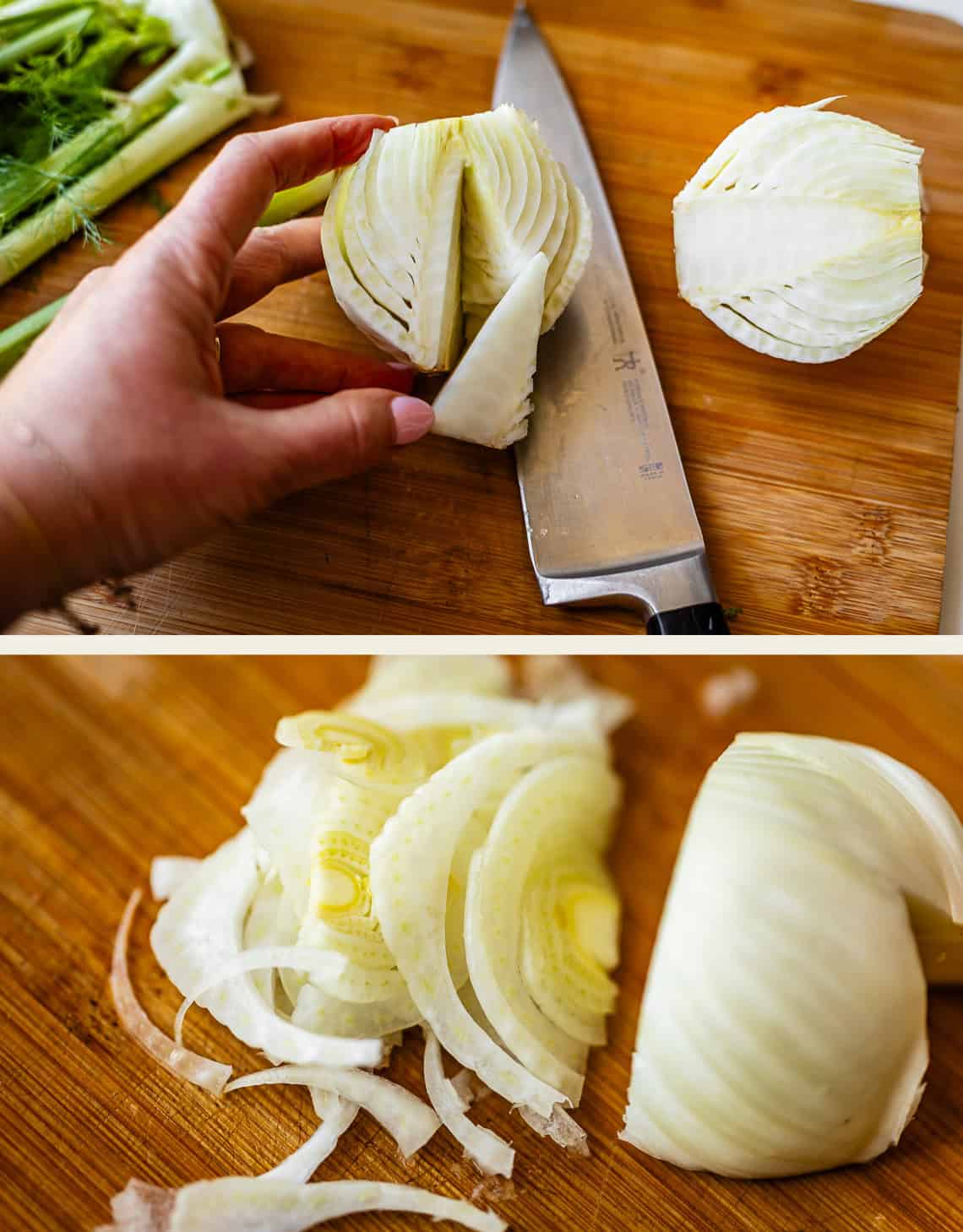 A hand holds a sliced fennel bulb above a cutting board with a knife nearby. Below, thin fennel slices are shown next to more unsliced fennel.