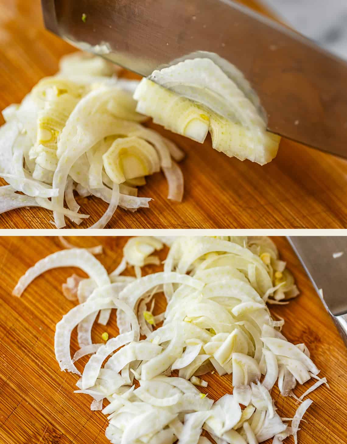 A close-up of a knife slicing a fennel bulb on a wooden cutting board, with thin fennel slices scattered below.