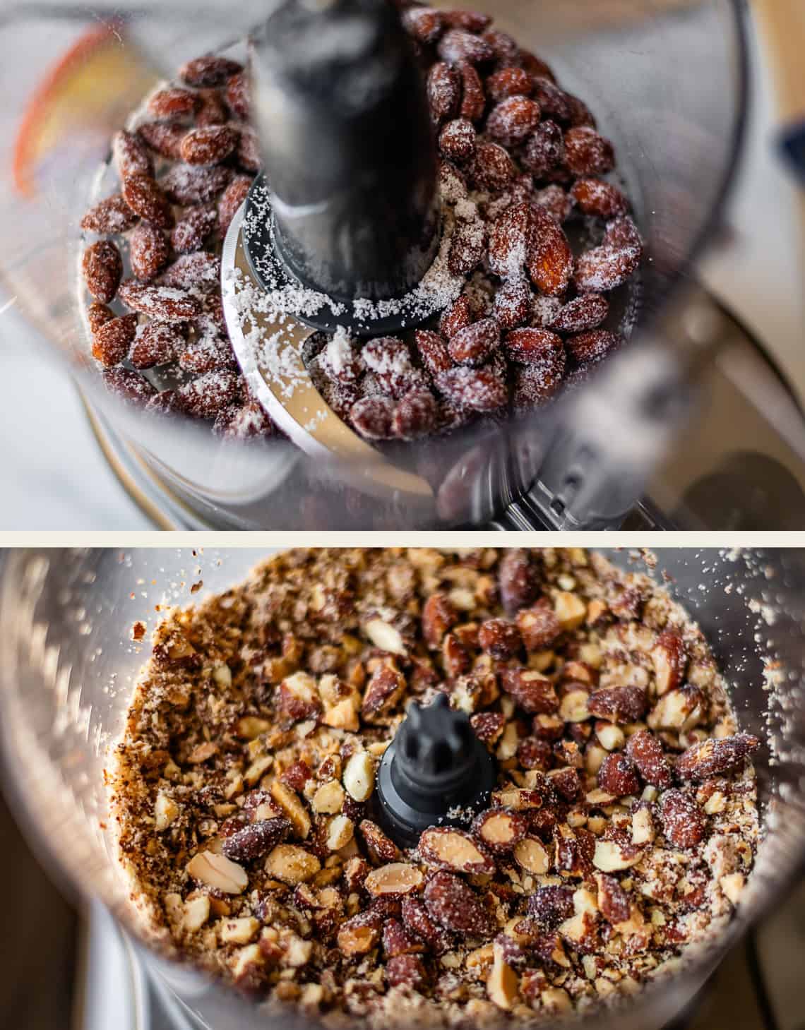 A food processor with whole almonds and sugar in the top image, and the almonds chopped into coarse pieces in the bottom image.