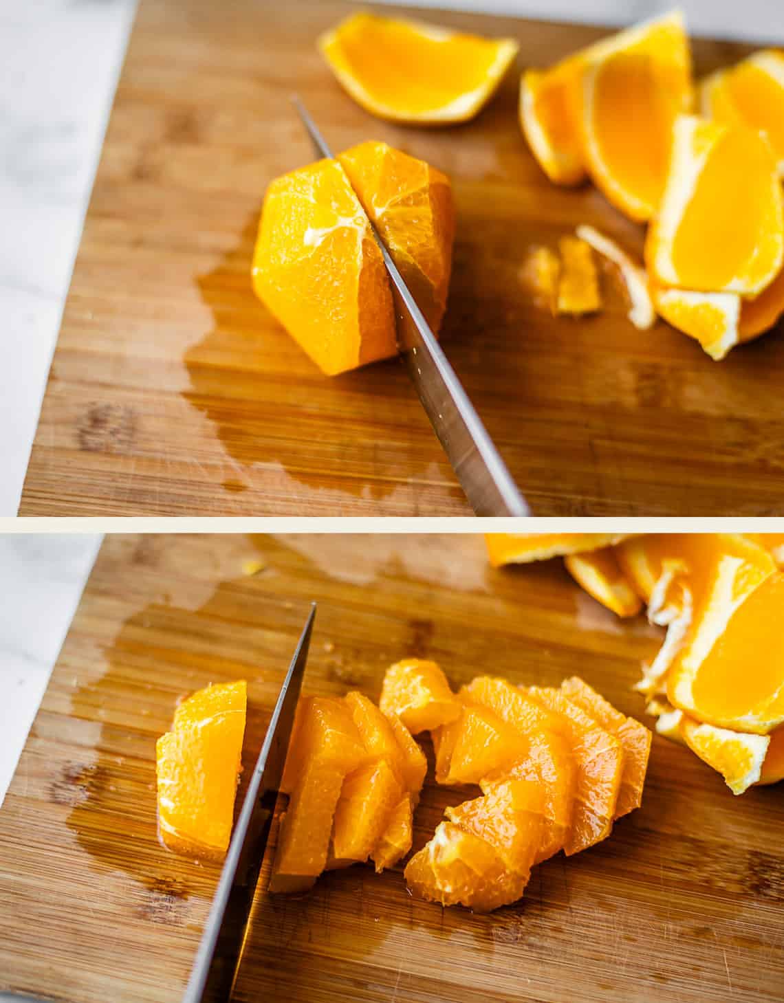 Two images show an orange being sliced on a wooden cutting board. In the first, a knife cuts off the peel. In the second, the peeled orange is being sliced into segments.