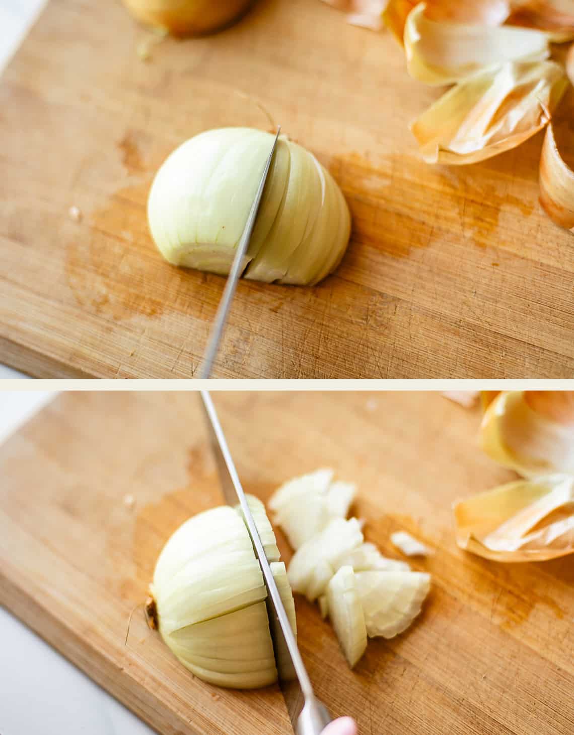 Two images show an onion being diced on a wooden cutting board. In the top image, the onion is half-sliced; in the bottom, it is being chopped into small pieces. Onion skins are scattered to the side.