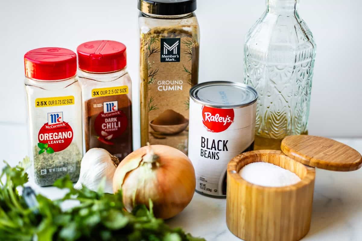 Ingredients including oregano, chili powder, cumin, olive oil, black beans, salt, an onion, garlic, and cilantro are arranged on a white surface.