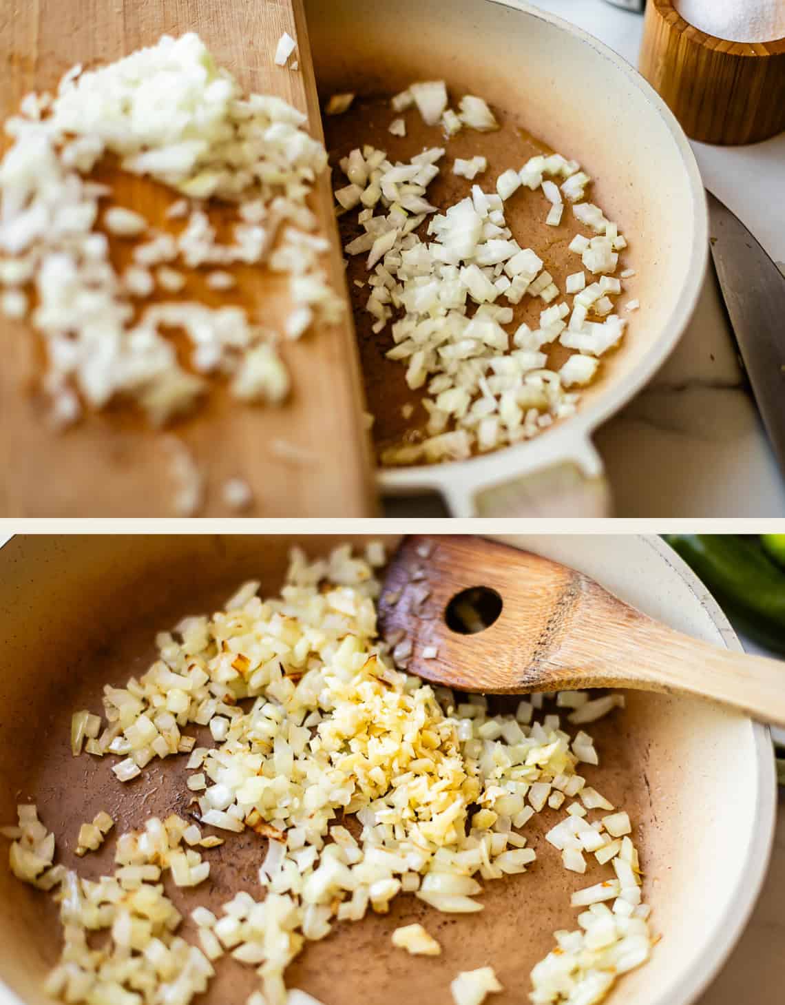 Chopped onions being added to a pan from a cutting board, then sautéed in the pan with a wooden spoon.
